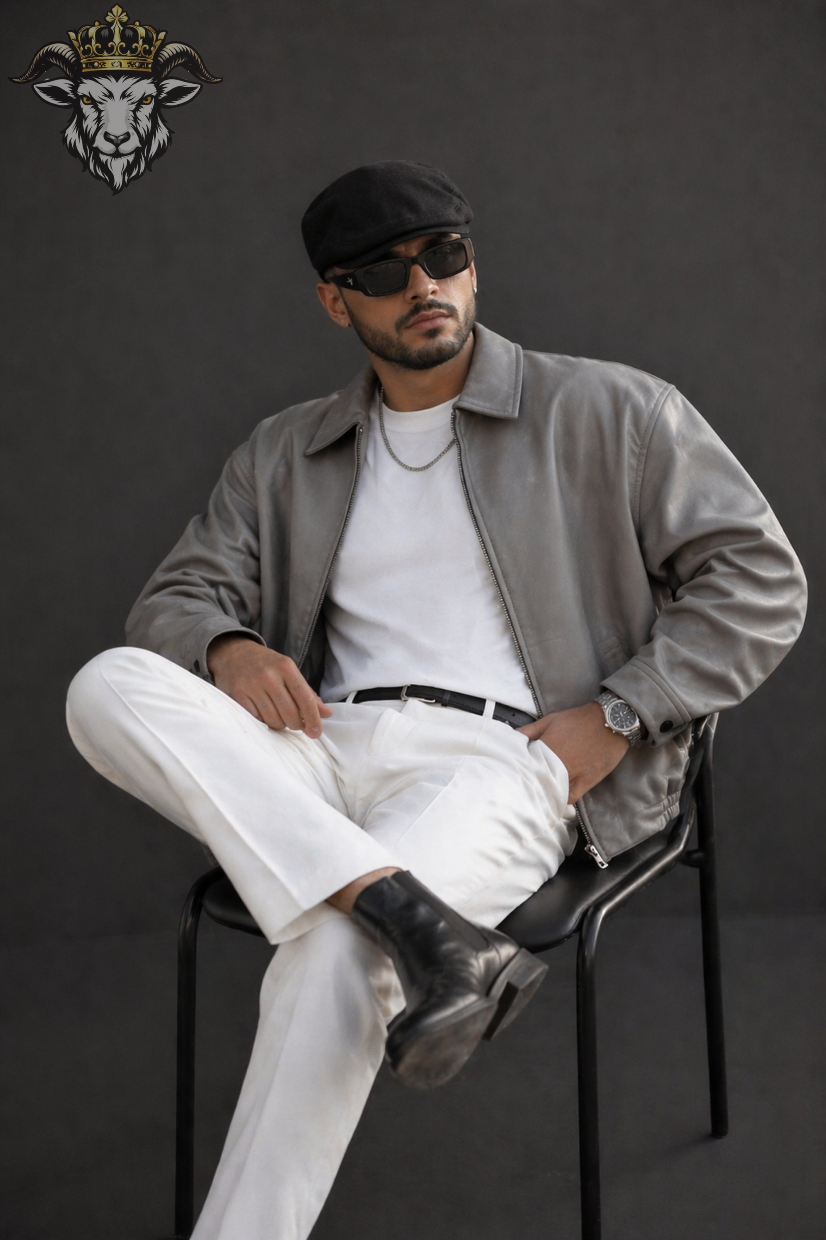 Men’s Light Grey Oversize Real Leather Bomber Jacket