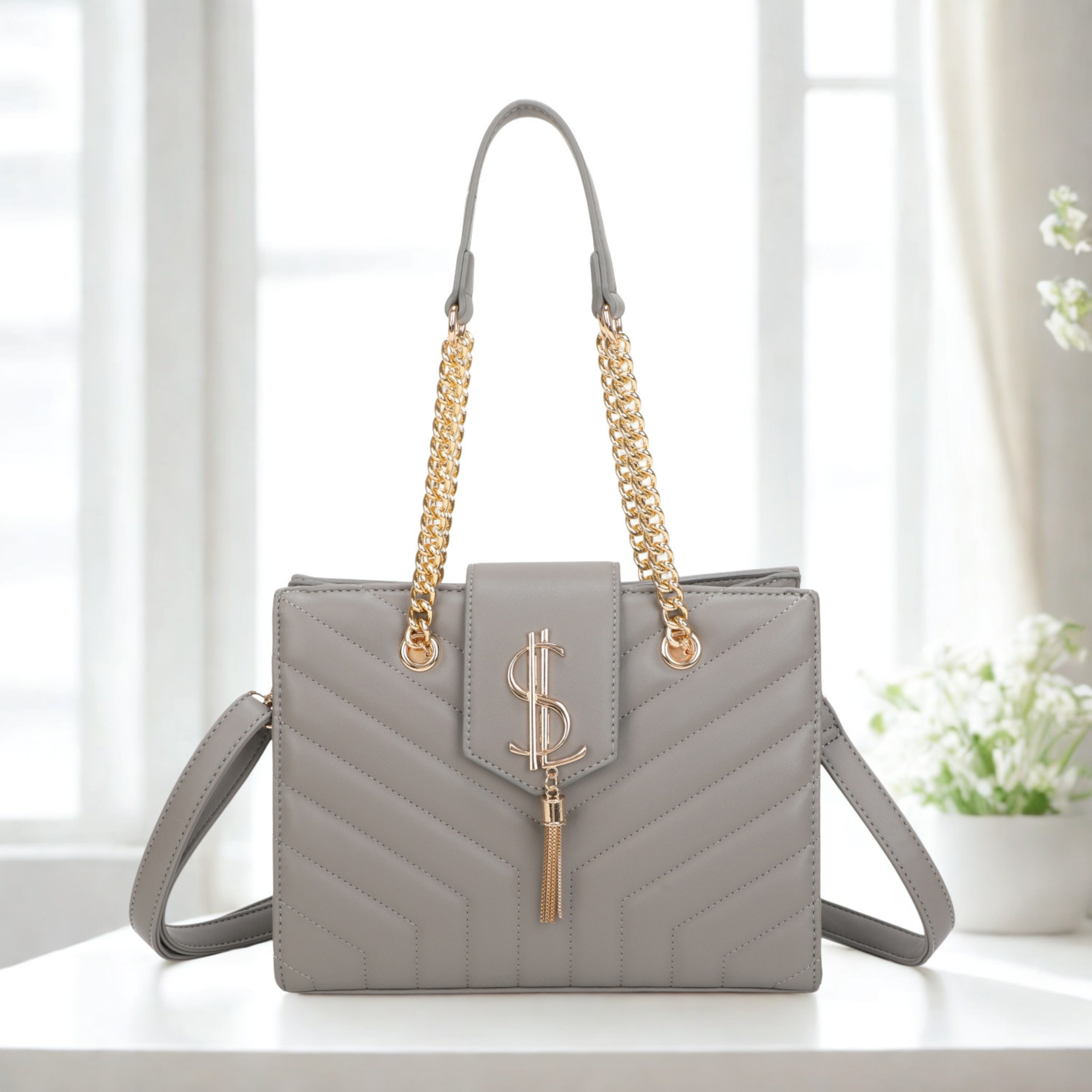 Women’s Quilted Shoulder Bag with Gold Chain Handles, Detachable Crossbody Strap