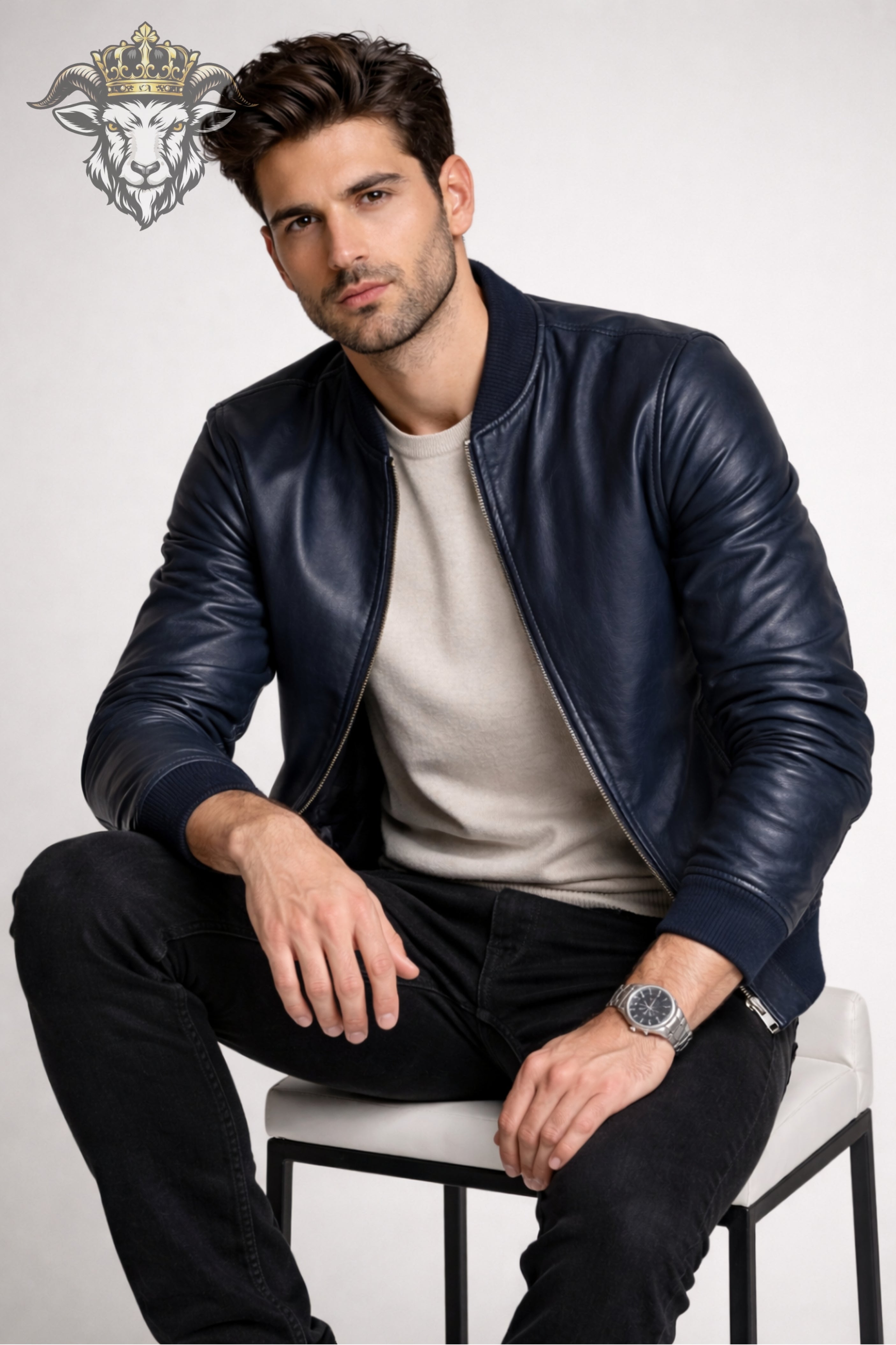 Men’s Navy Blue Real Leather Bomber Jacket