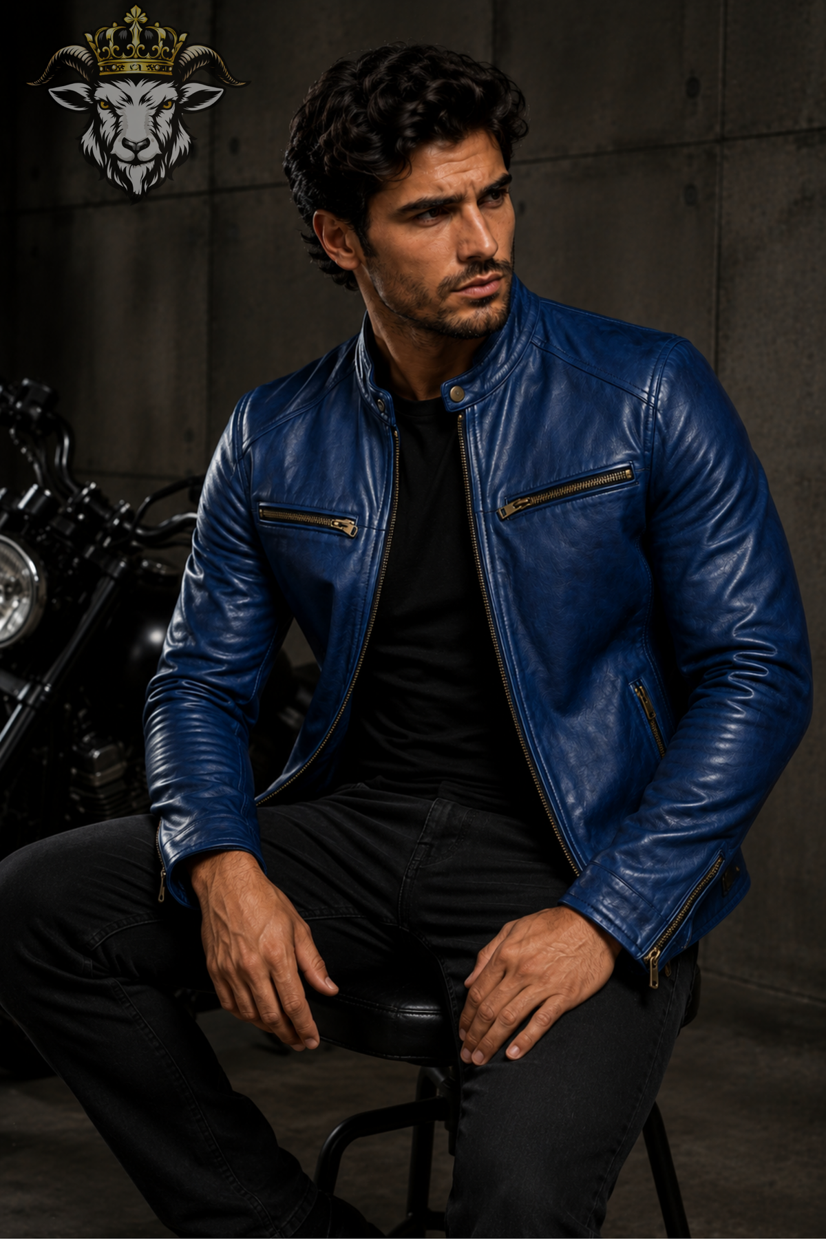 Men's Royal Blue Real Leather Biker Jacket – Slim Fit Motorcycle Jacket, Stand Collar Moto Jacket, Men's Blue Leather Coat