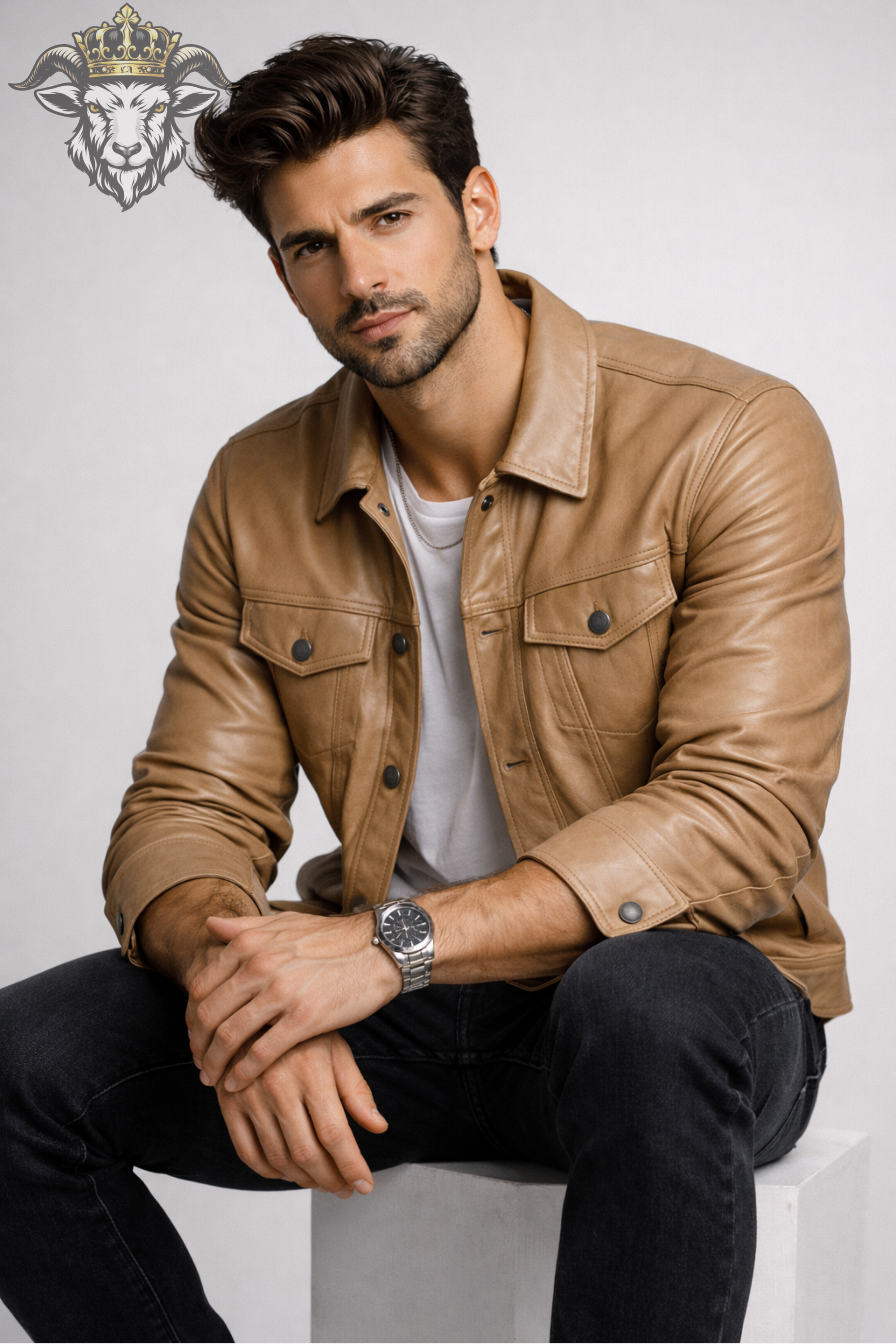 Men’s Beige Real Leather Trucker Jacket