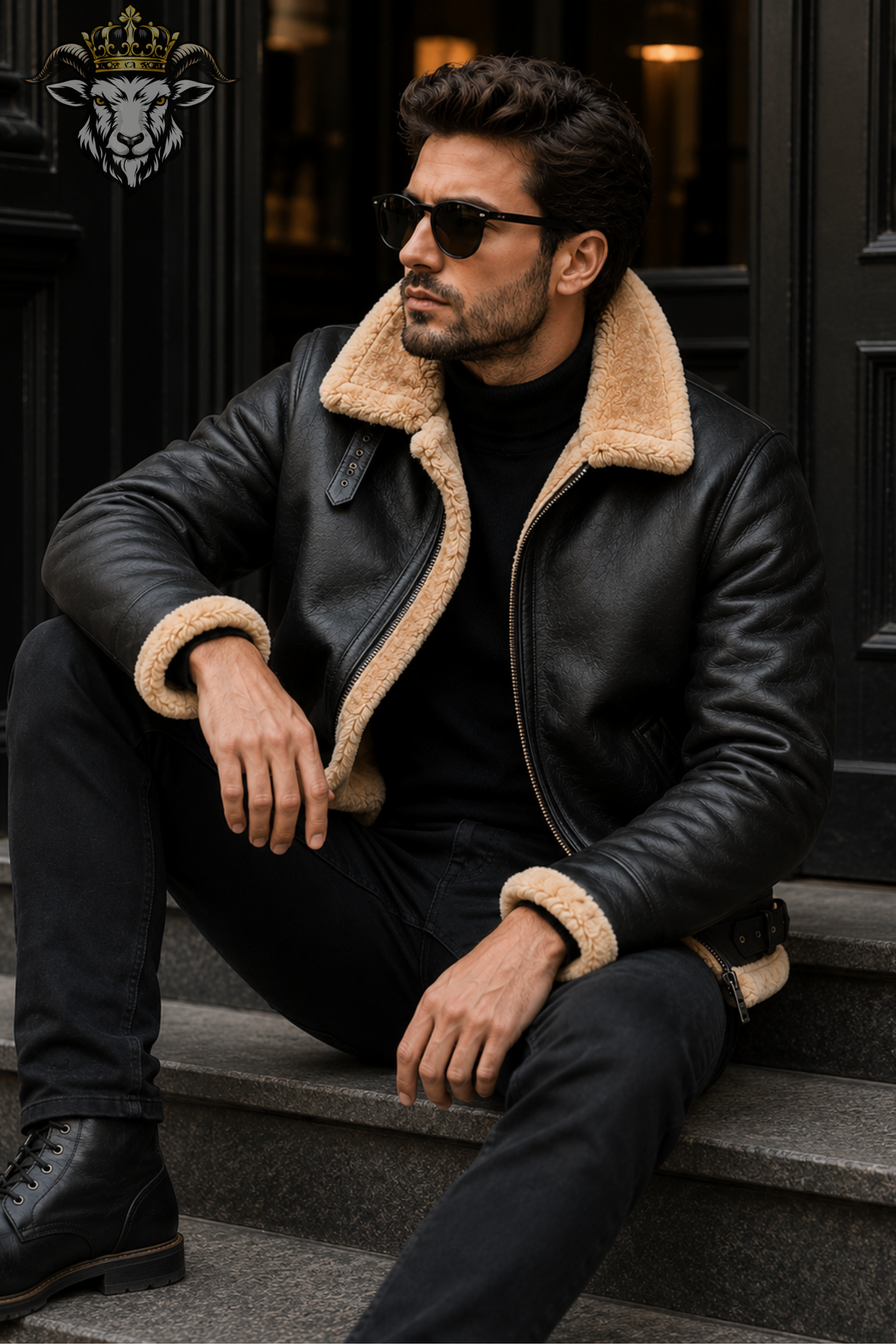Men’s Black Shearling Leather Jacket, Genuine Leather Aviator Jacket, Fur Lined Winter Bomber Coat, B3 Flight Jacket for Men
