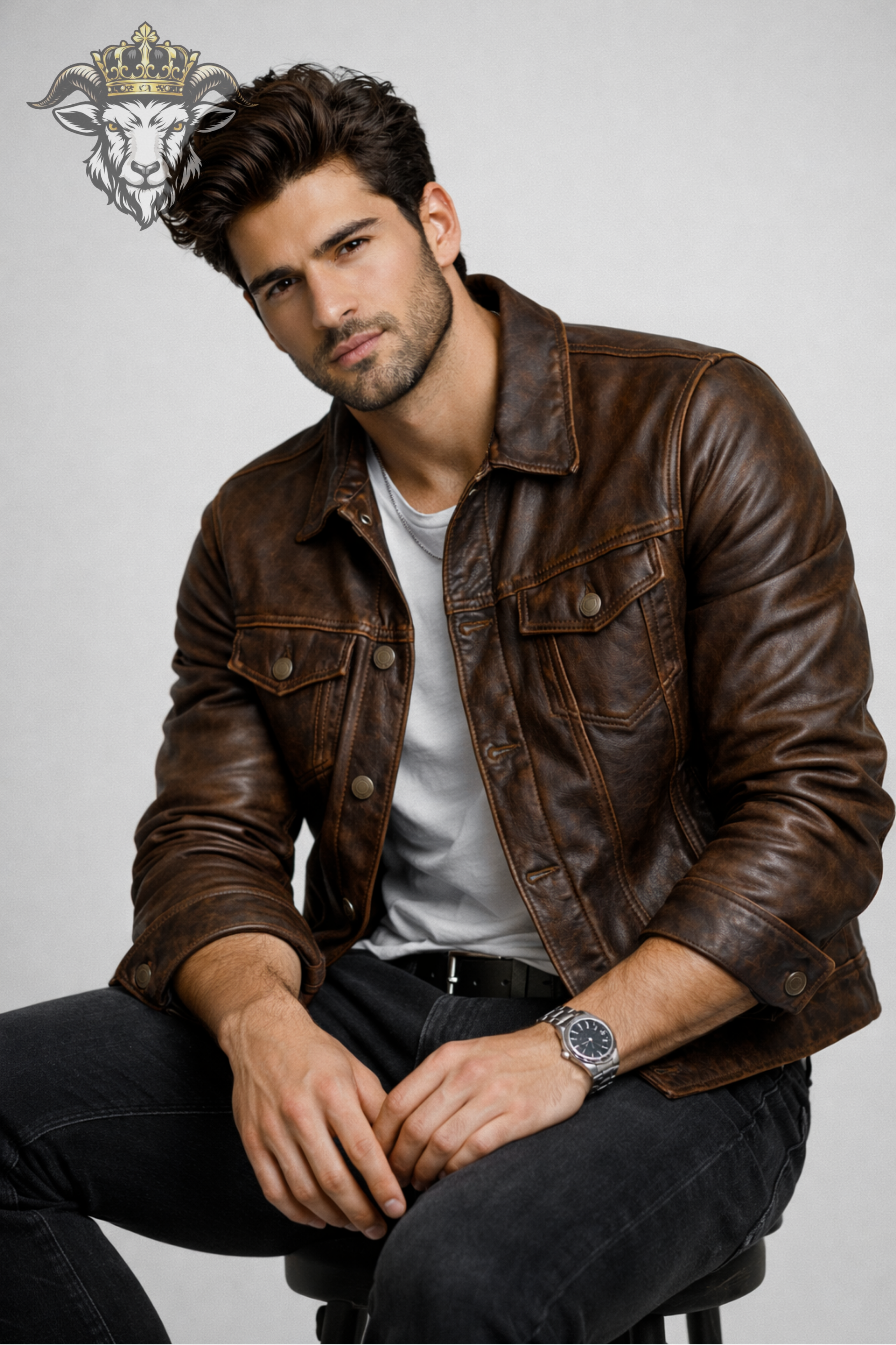 Men’s Distressed Brown Leather Trucker Jacket
