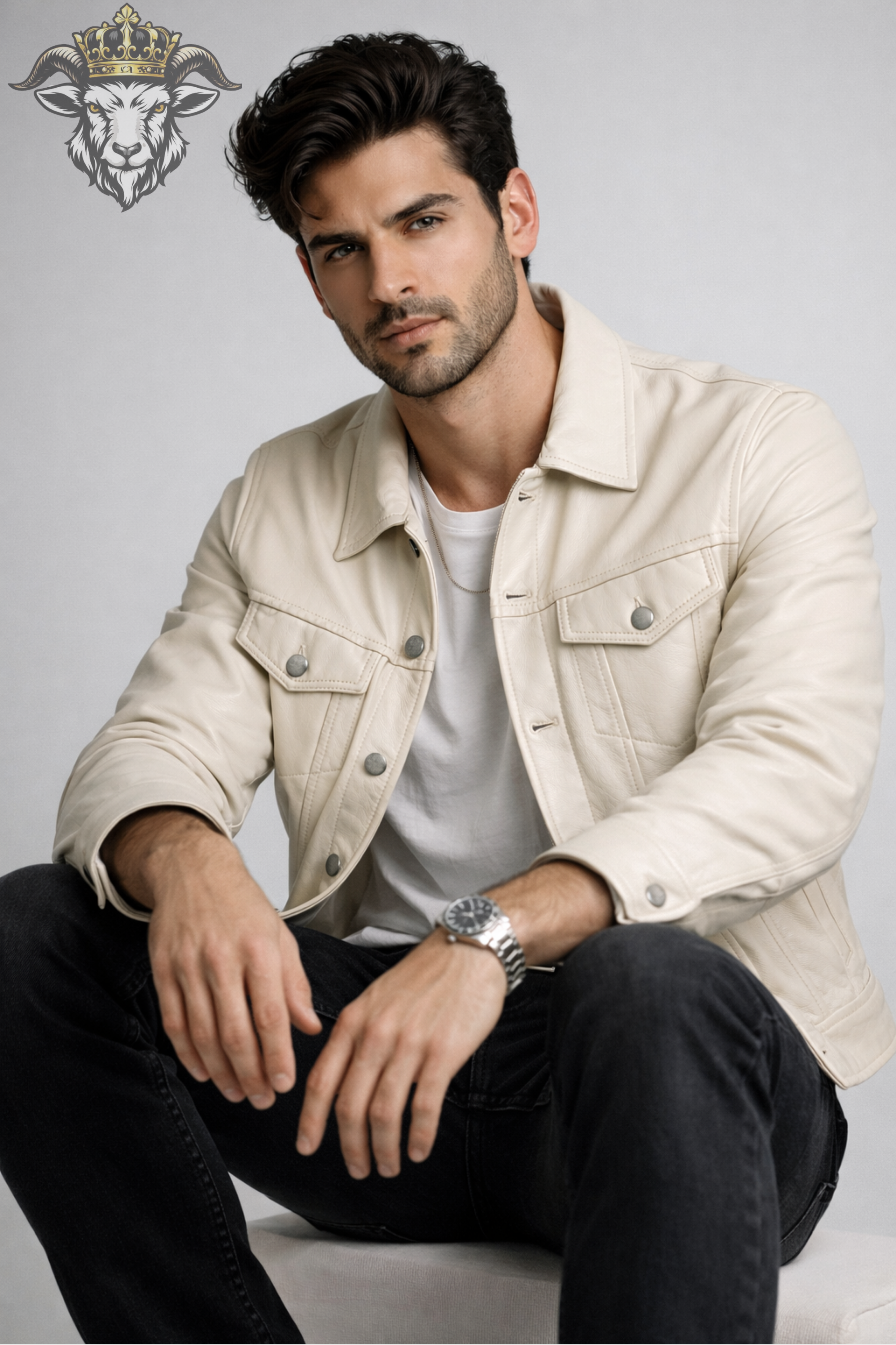 Men’s Cream Real Leather Trucker Jacket