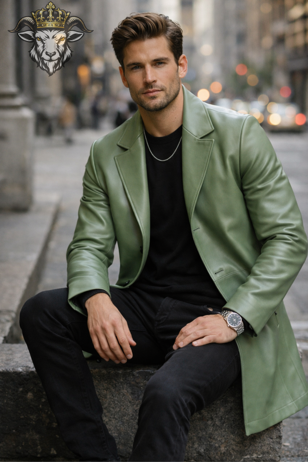 Men's Light Green Real Leather Coat, Tailored Mid-Thigh Leather Jacket, 3 Button Lapel Overcoat, Modern Luxury Mens Outerwear