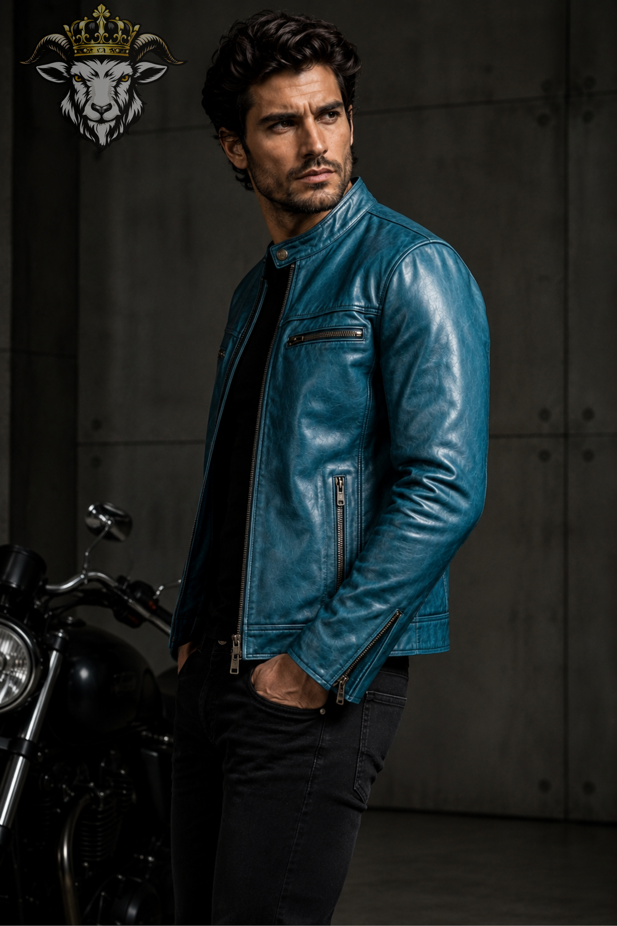 Men's Cyan Real Leather Biker Jacket – Slim Fit Motorcycle Jacket, Stand Collar Moto Jacket, Blue Leather Jacket for Men