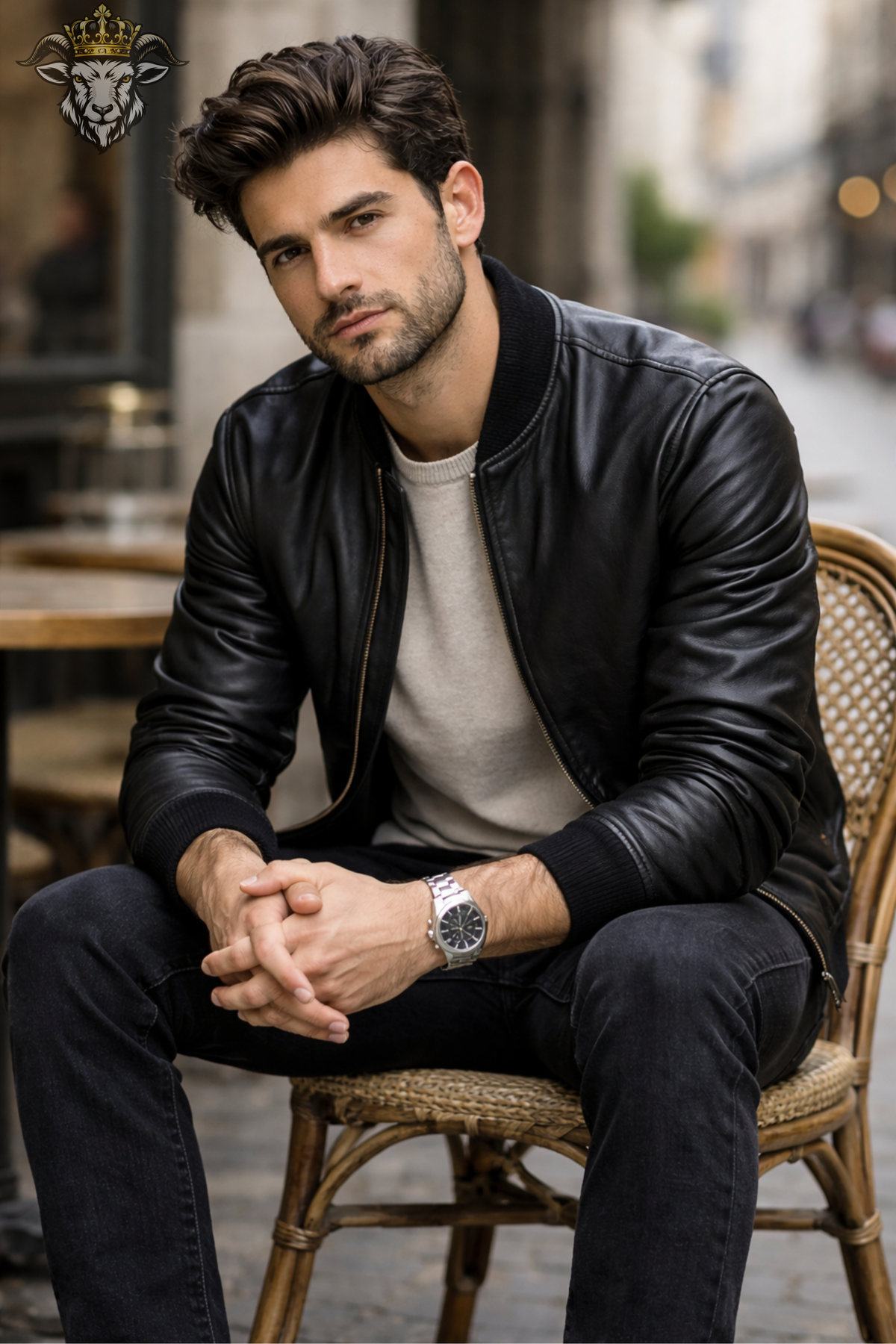 Men’s Black Leather Bomber Jacket | Classic Zip-Up Jacket | Ribbed Collar Outerwear | Modern Urban Streetwear