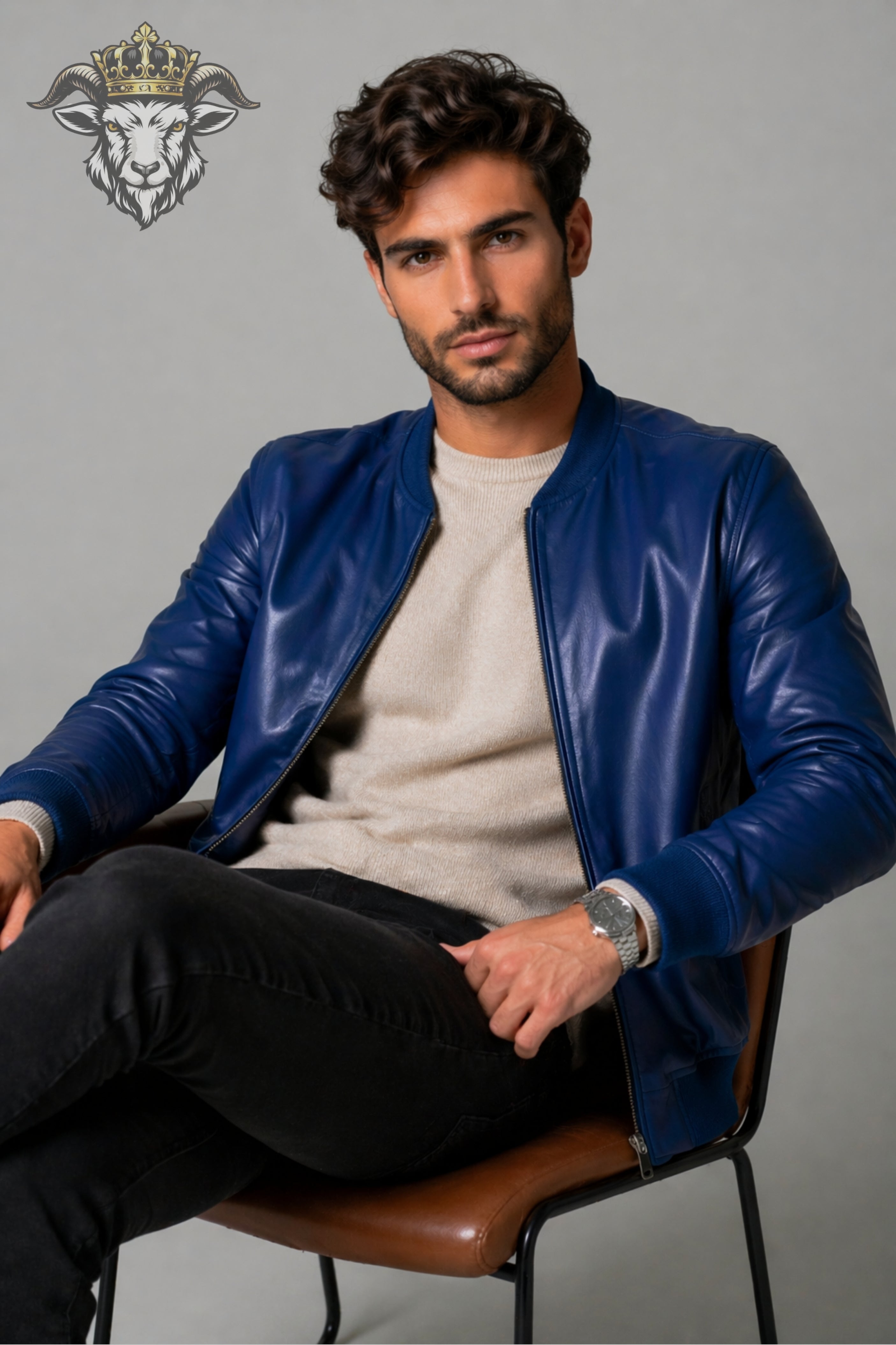 Men’s Royal Blue Real Leather Bomber Jacket
