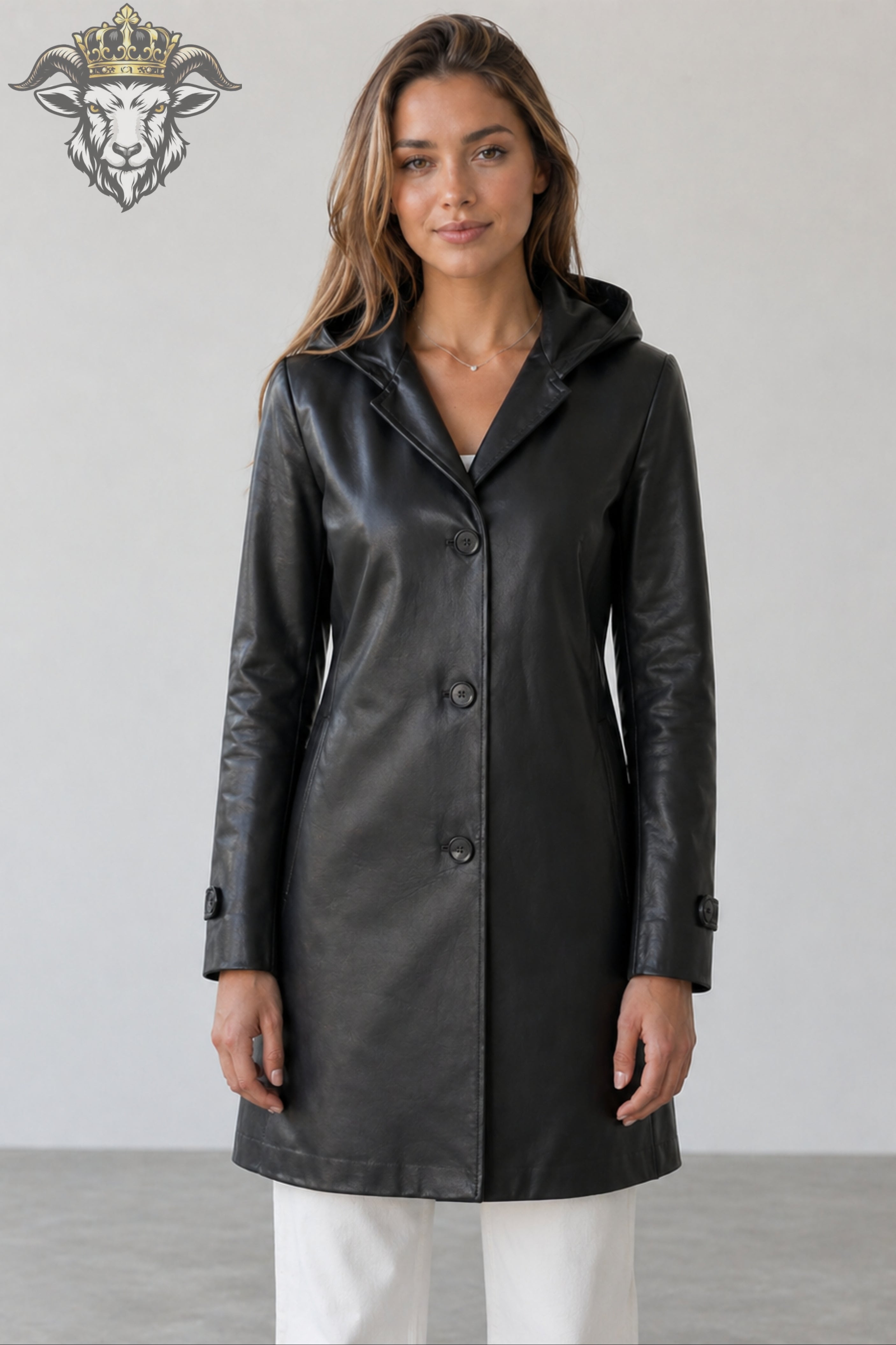 Women’s Black Real Leather Hooded Coat