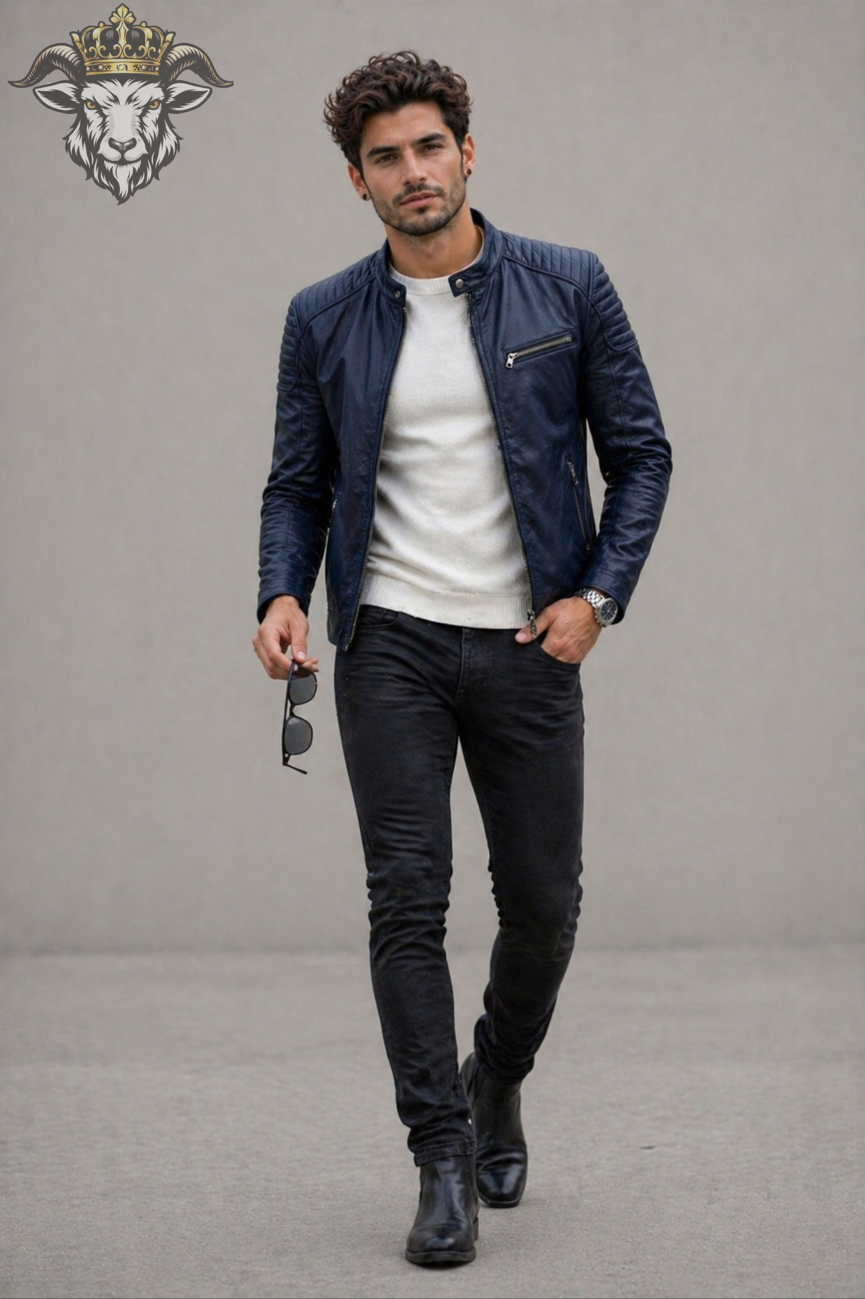 Men’s Navy Blue Real Leather Roadster Jacket