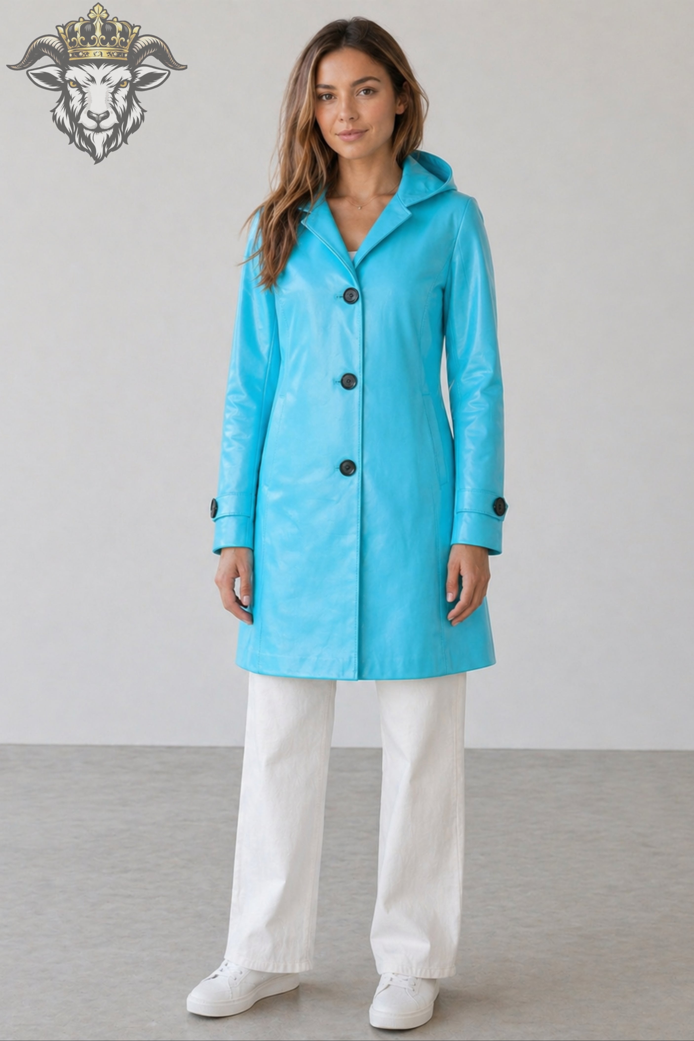 Women’s Cyan Real Leather Hooded Coat