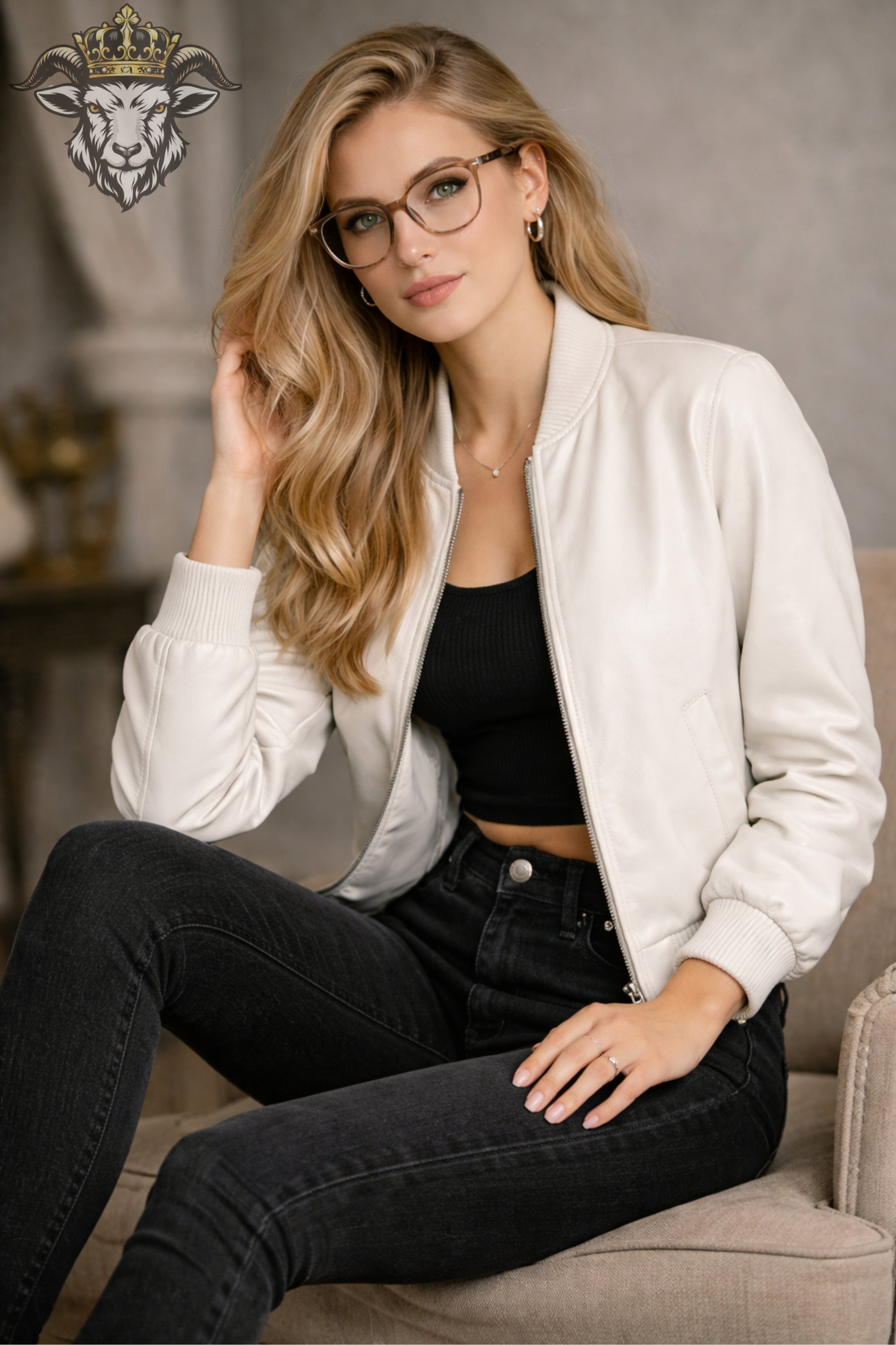 Women’s White Leather Bomber Jacket