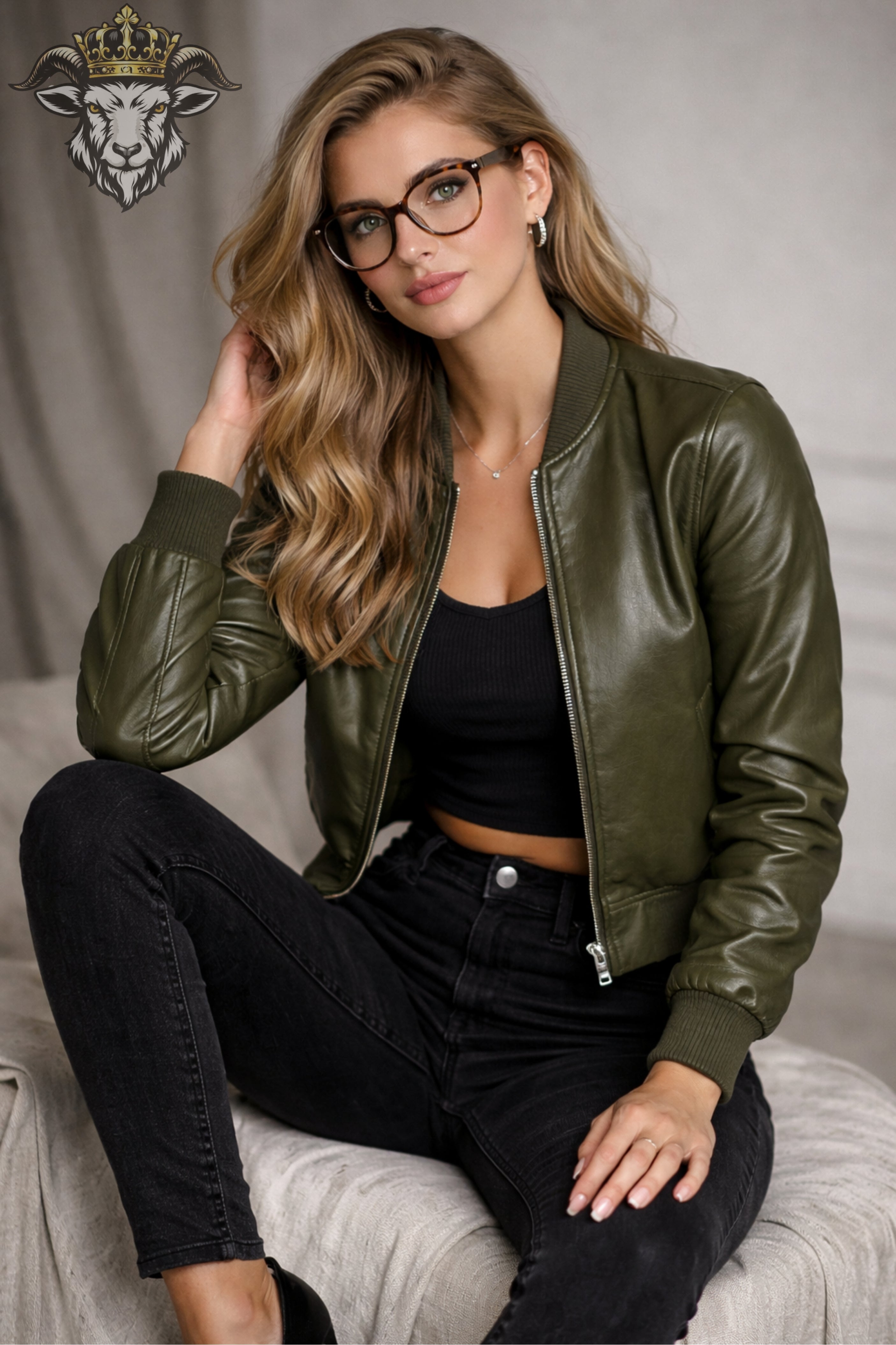 Olive Green Real Leather Bomber Jacket Women