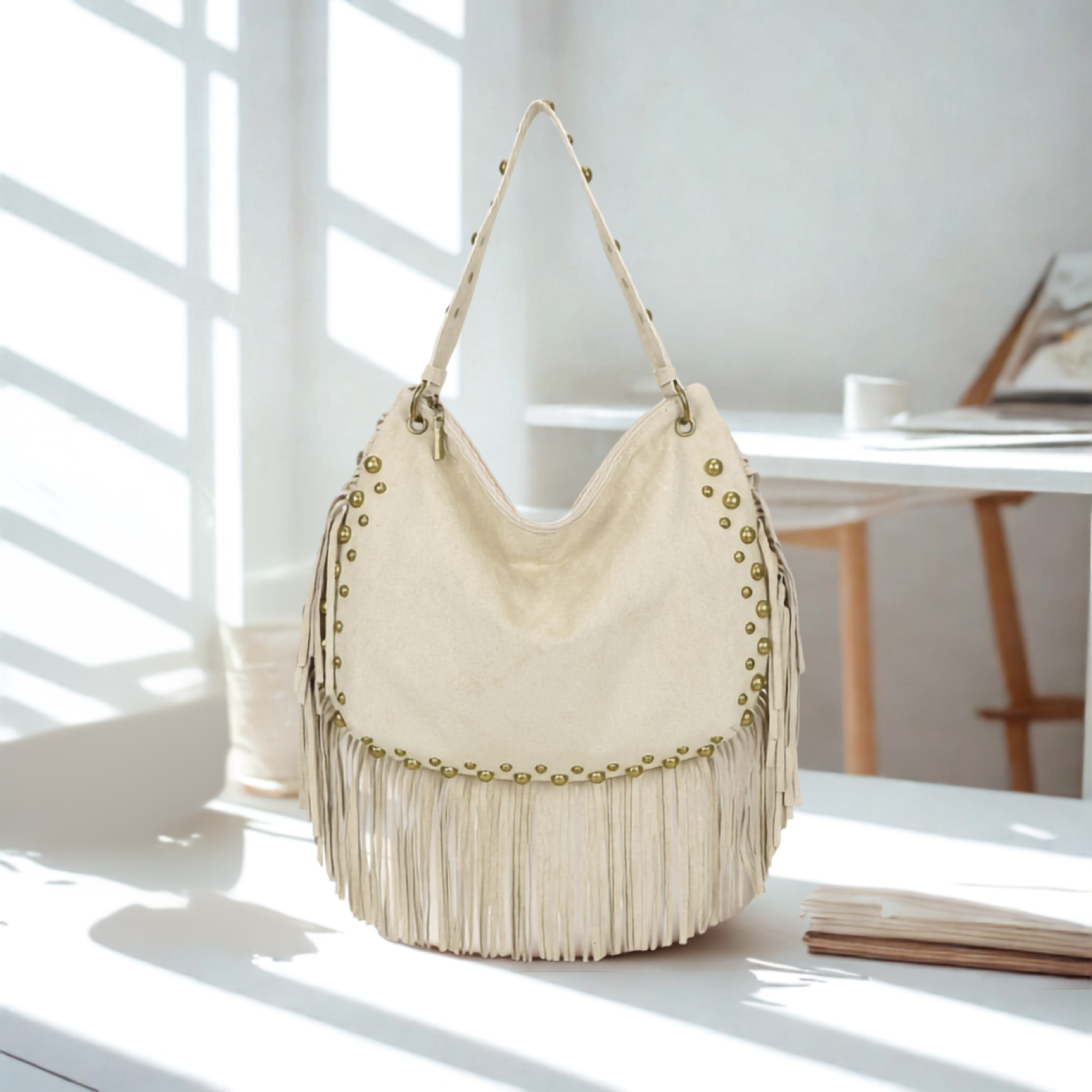 Women’s Suede Effect Studded Tassel Hobo Shoulder Bag – Boho Fringe Handbag with Top Zip Closuret