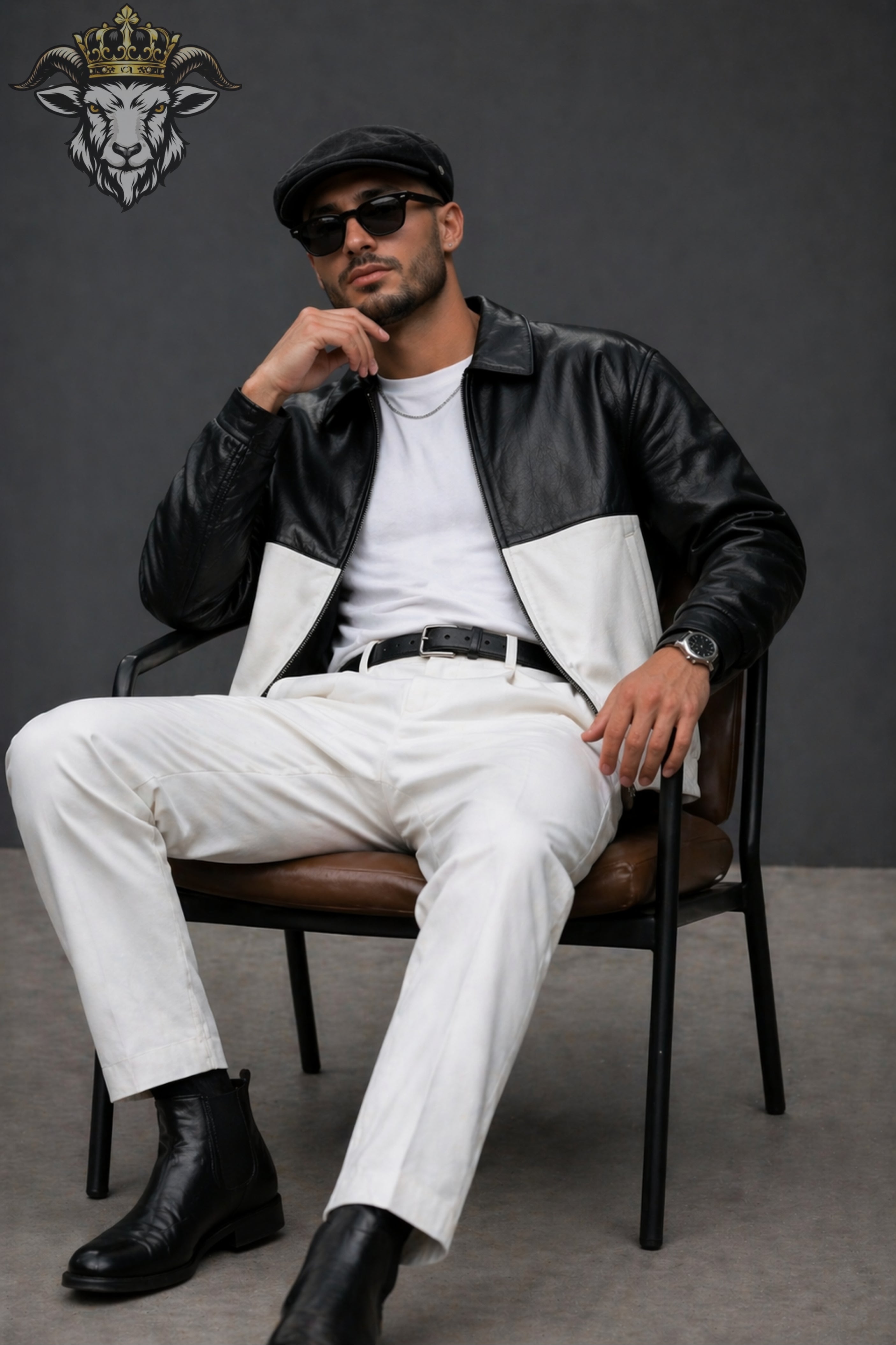 Men’s Two-Tone(Black/White) Oversize Real Leather Bomber Jacket