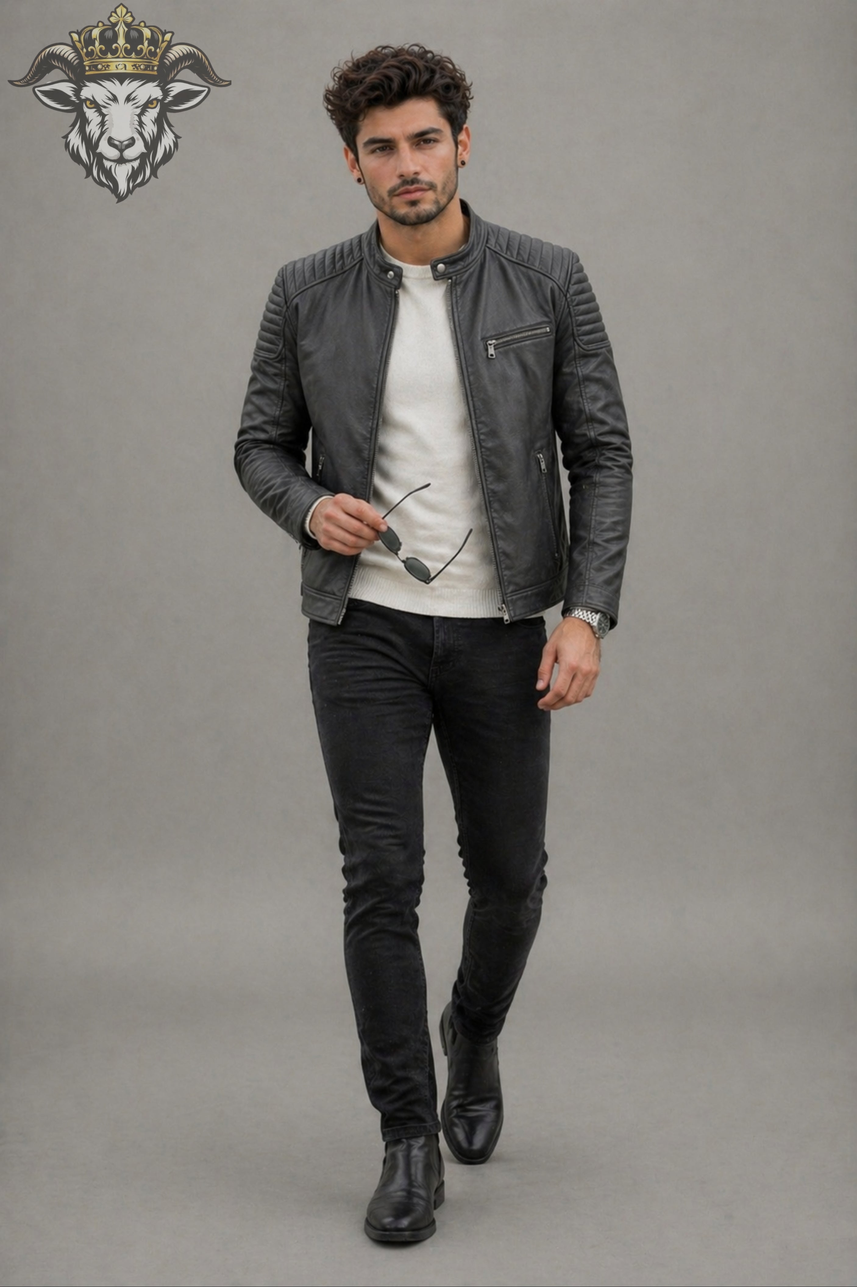 Men’s Charcoal Real Leather Roadster Jacket