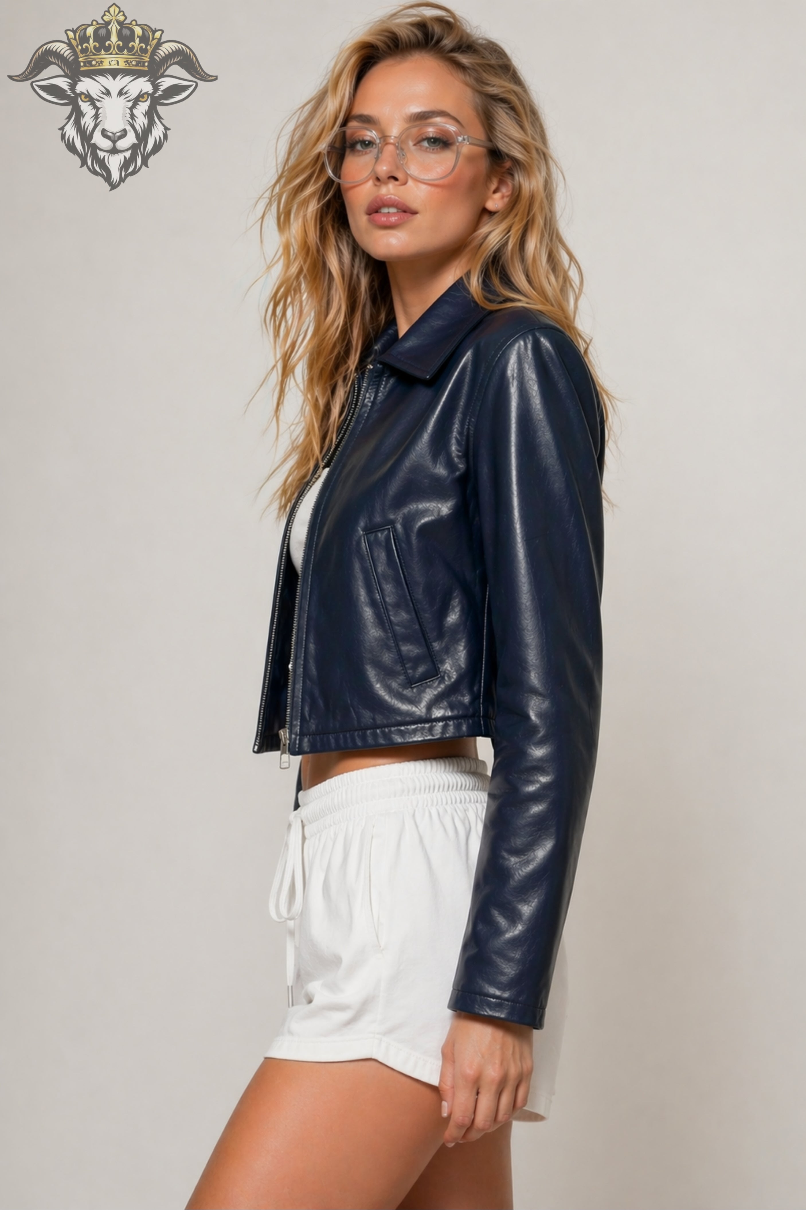 Women’s Navy Blue Real Leather Cropped Jacket