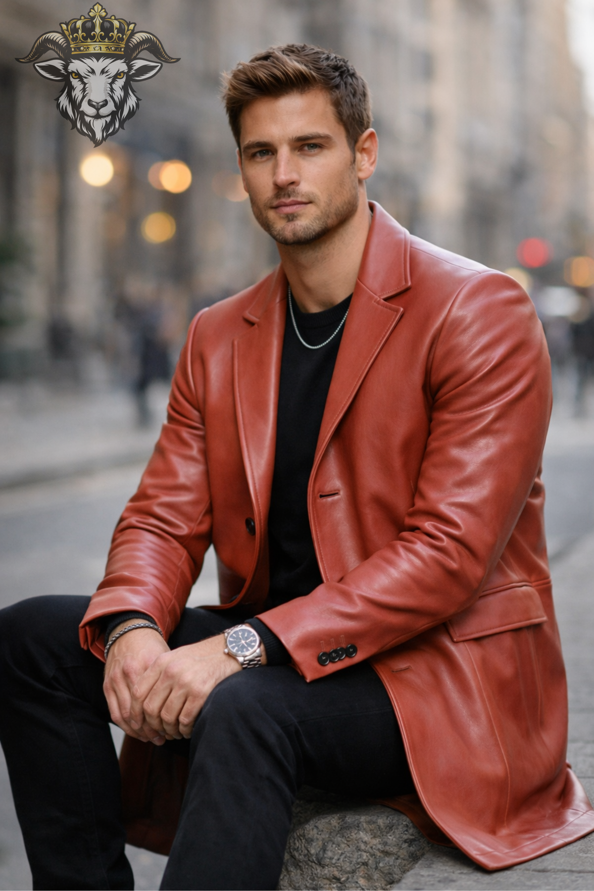 Men's Red Leather Coat, Tailored Mid-Thigh Jacket, 3 Button Blazer Style Outerwear, Sharp Lapel Long Leather Coat, Modern Men's Fashion