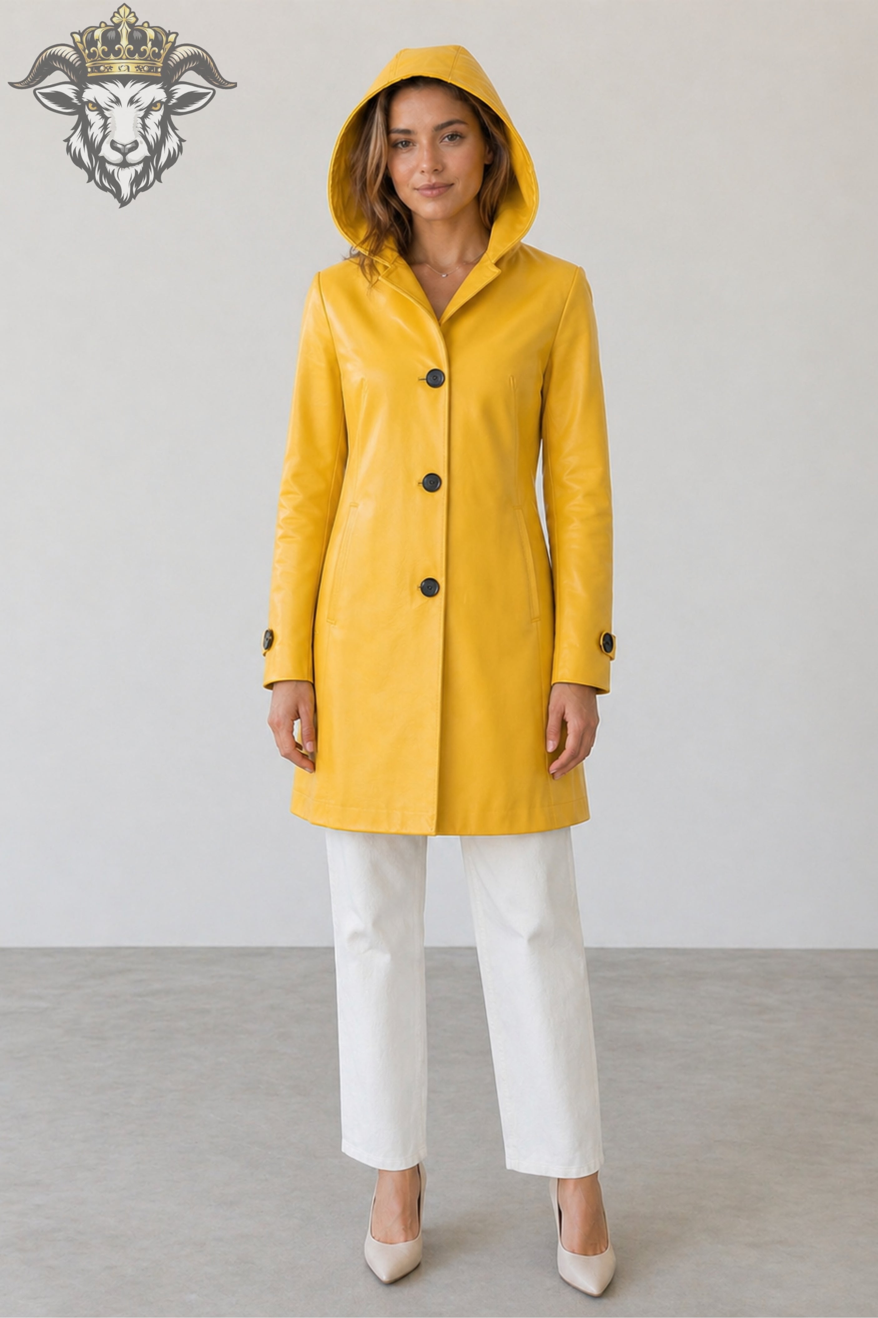 Women’s Yellow Real Leather Hooded Coat