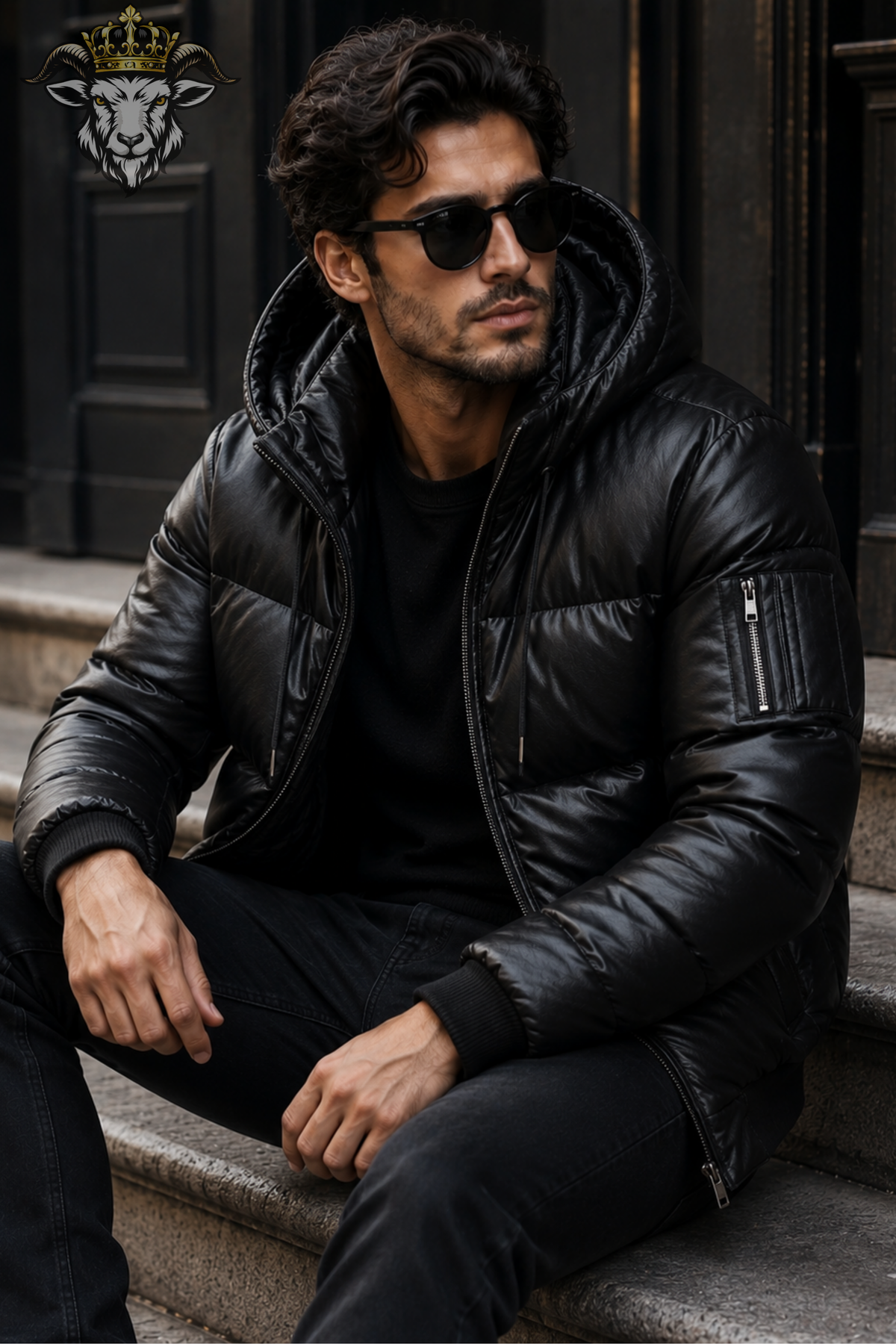 Men’s Black Genuine Leather Puffer Jacket with Hood, Quilted Leather Bomber Jacket, Winter Coat, Hooded Motorcycle Jacket, Streetwear