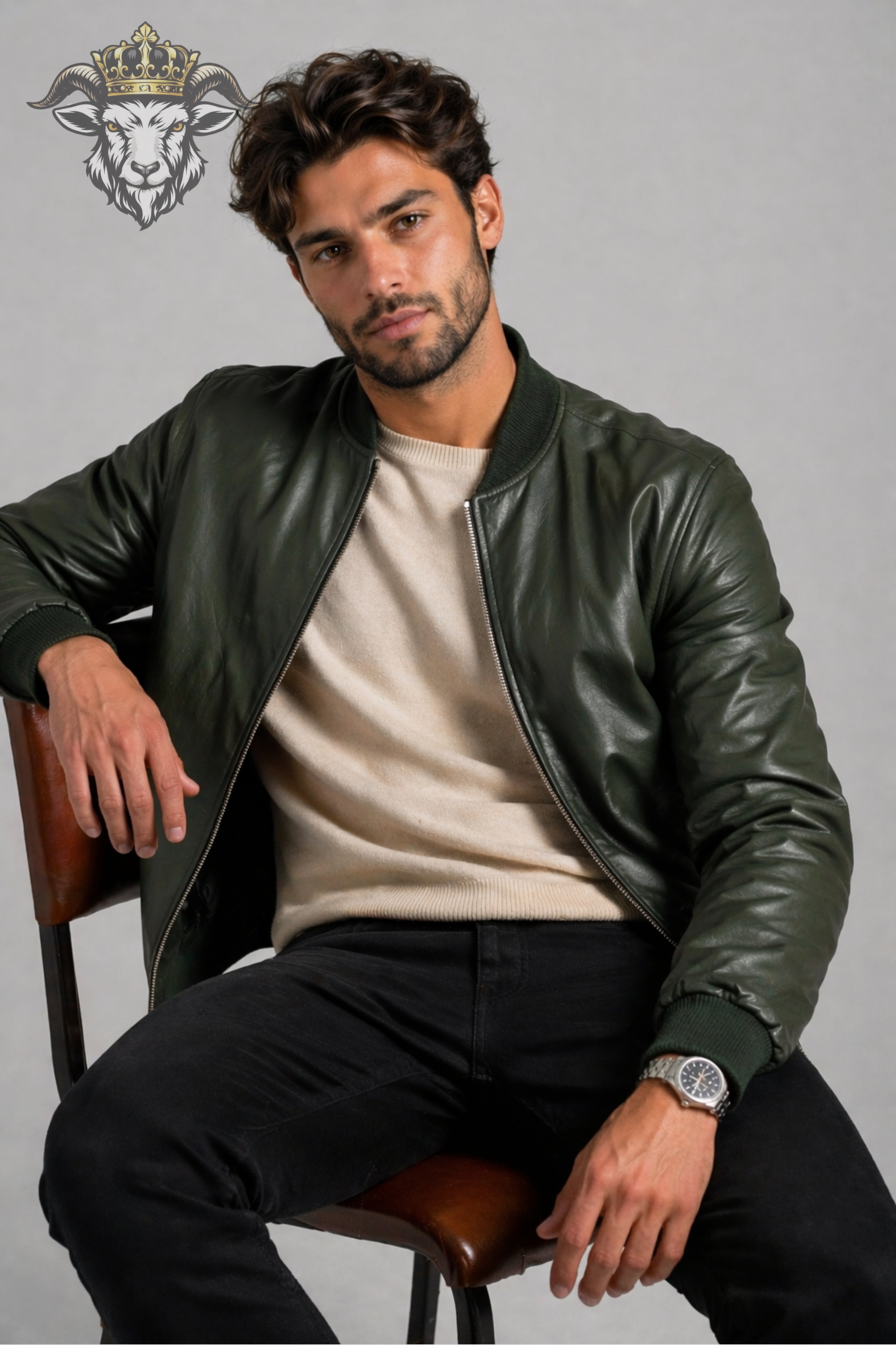 Men’s Green Real Leather Bomber Jacket