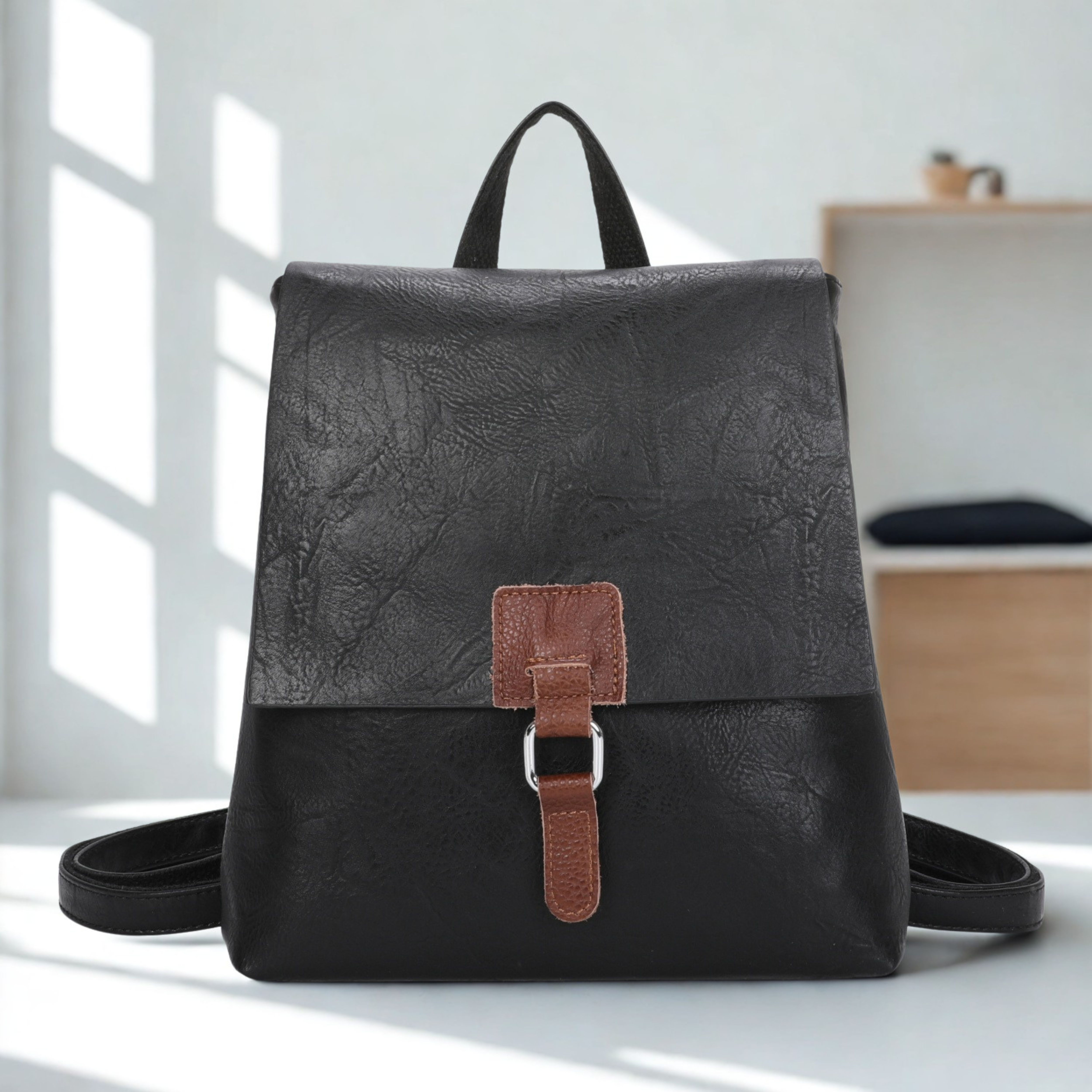 Ladies Flap Over Backpack Handbag, Synthetic Leather Trim Rucksack Shoulder Bag