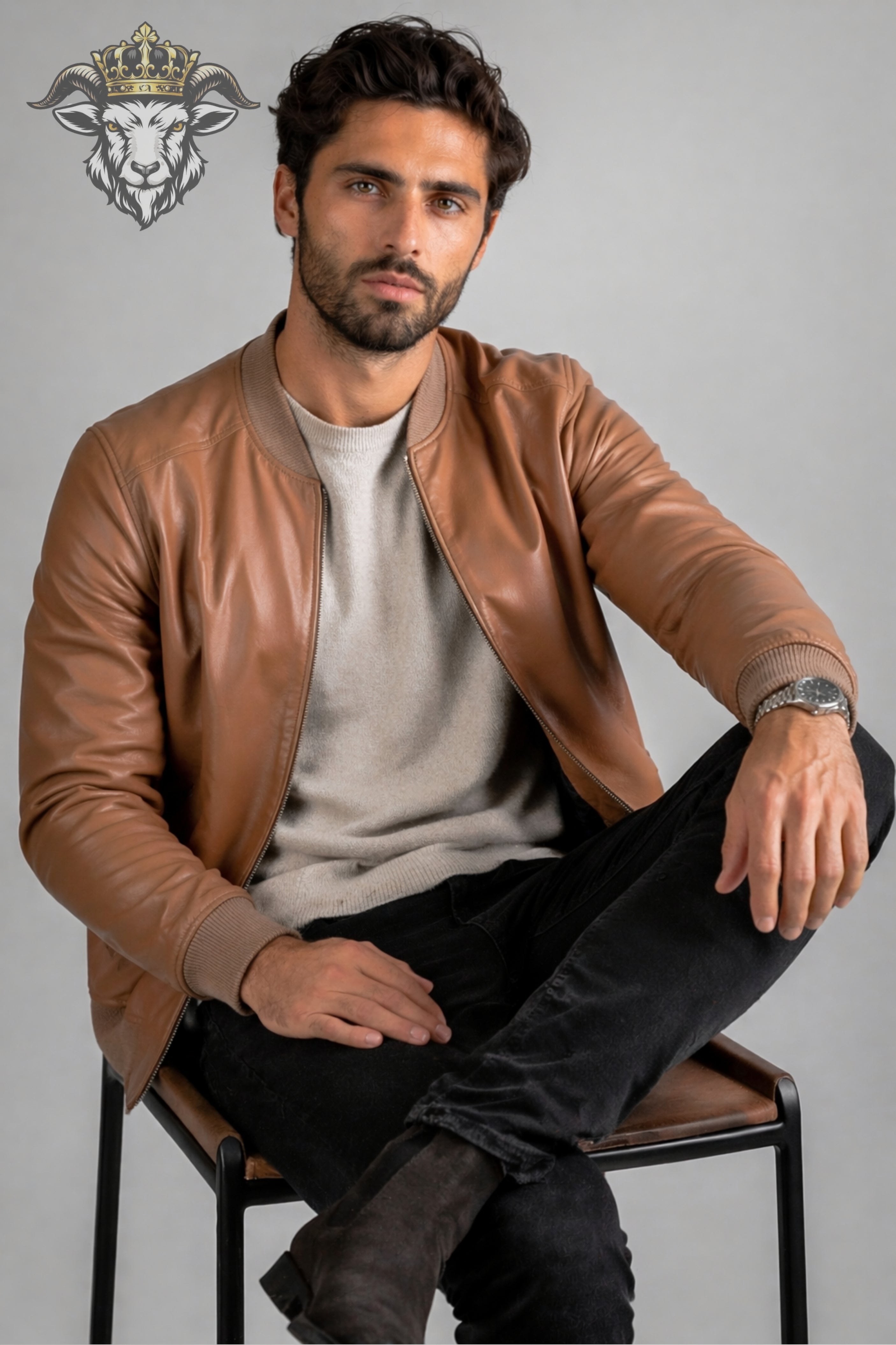 Men’s Tan Real Leather Bomber Jacket