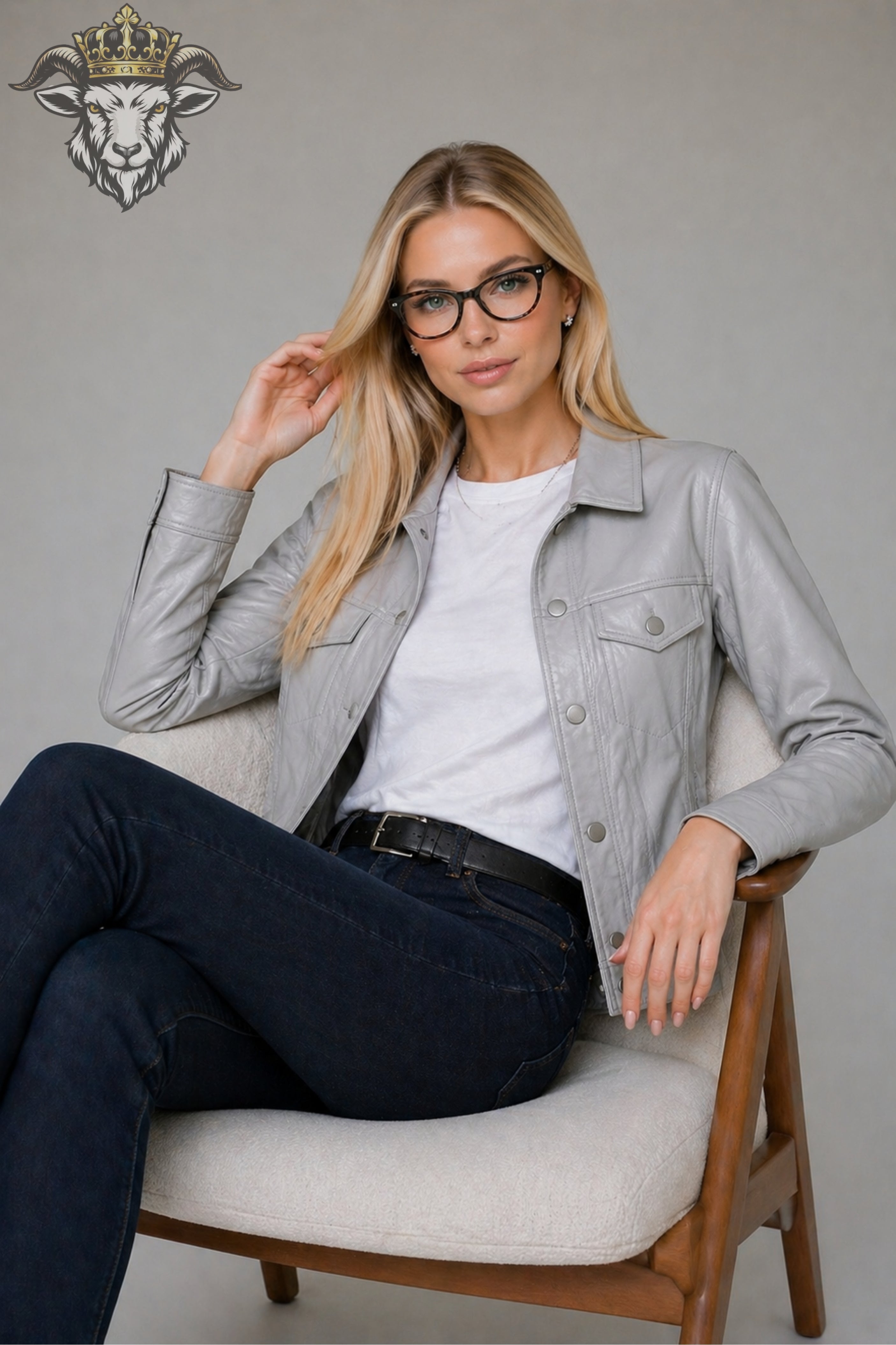 Women’s Light Grey Real Leather Trucker Jacket