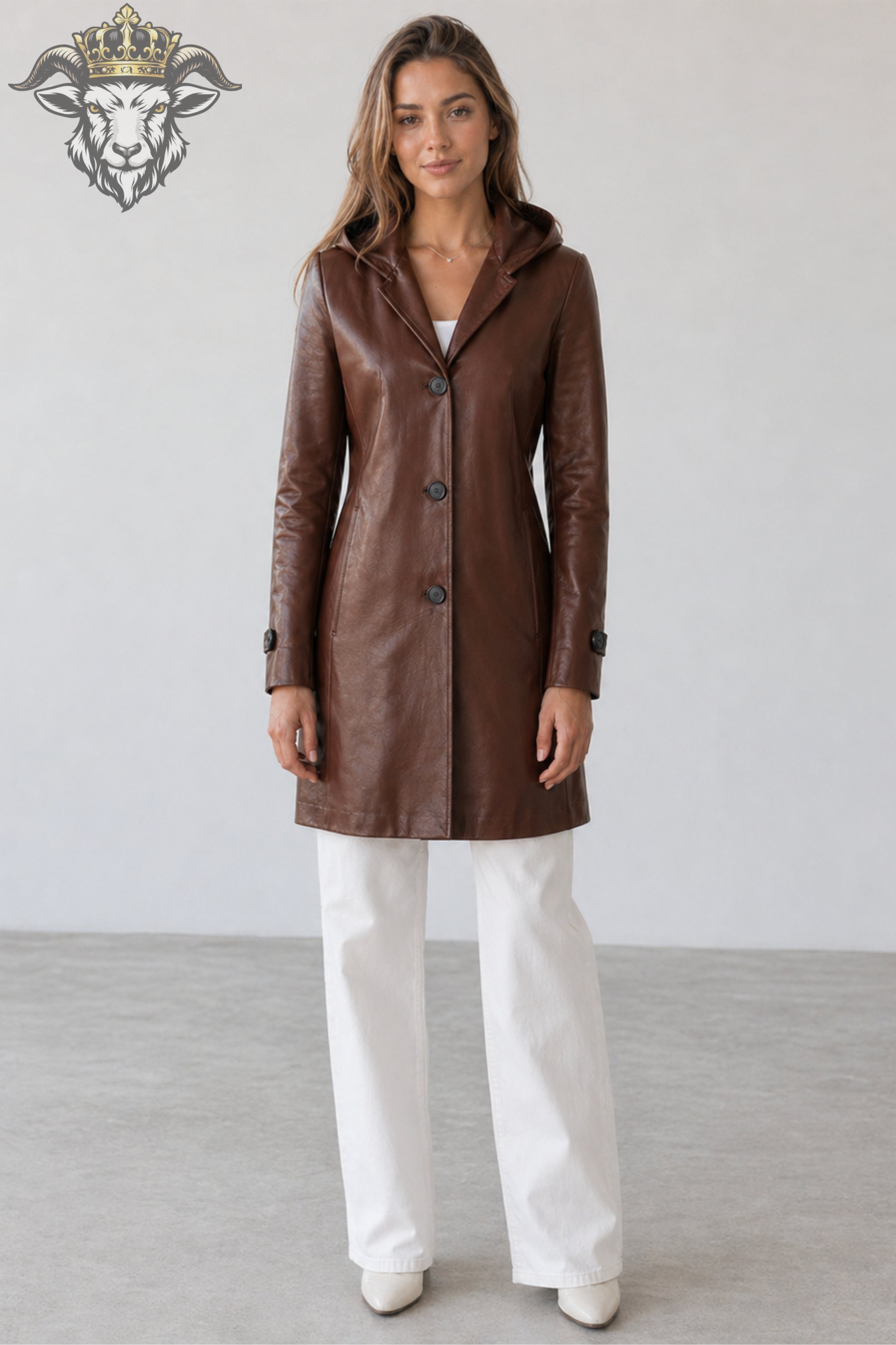 Women’s Brown Real Leather Hooded Coat
