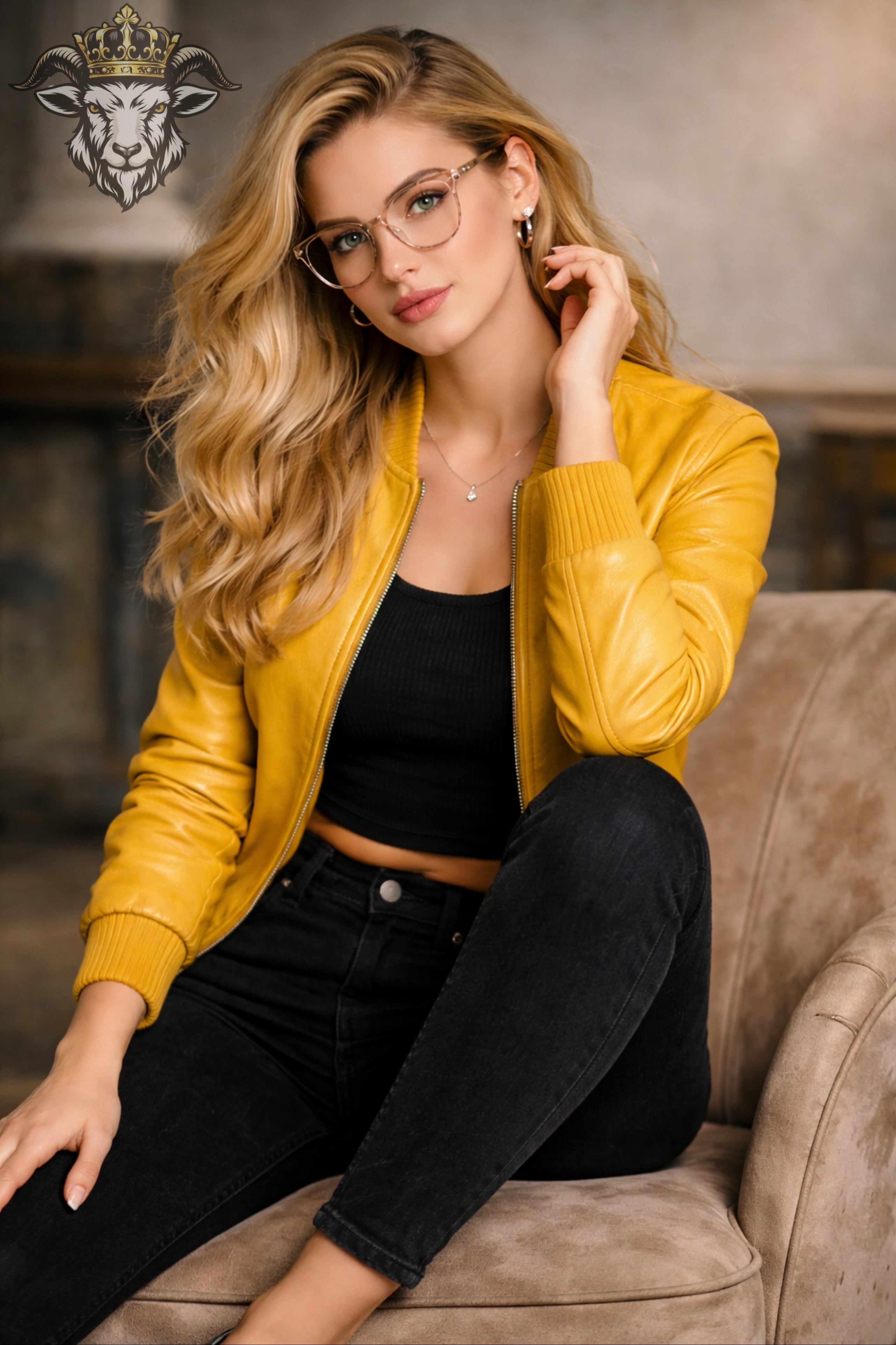 Women’s Yellow Real Leather Bomber Jacket