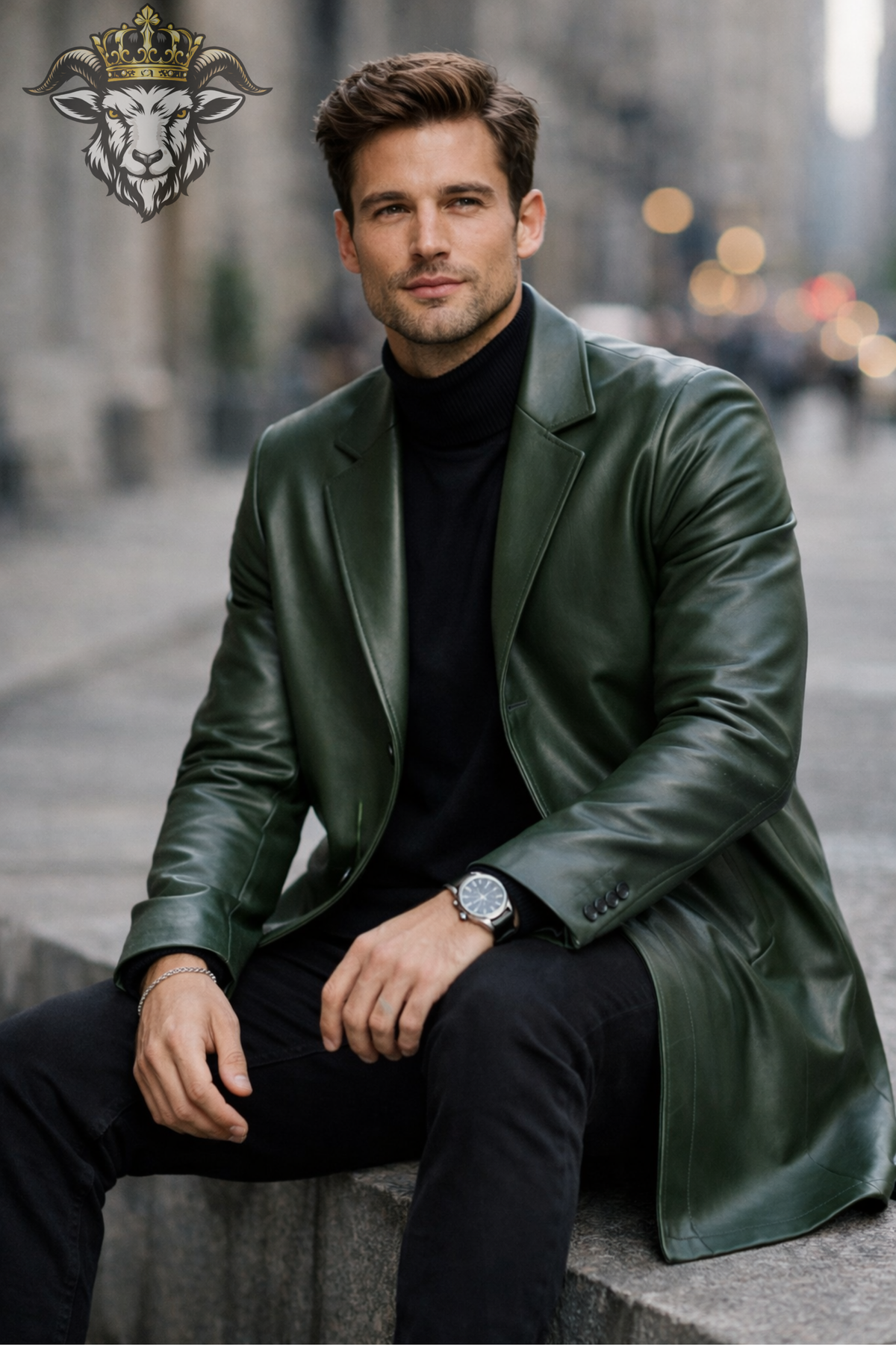 Men's Deep Green Leather Coat, Slim Fit Mid-Thigh Overcoat, Tailored Lapel Jacket, Classic Button Front Winter Outerwear