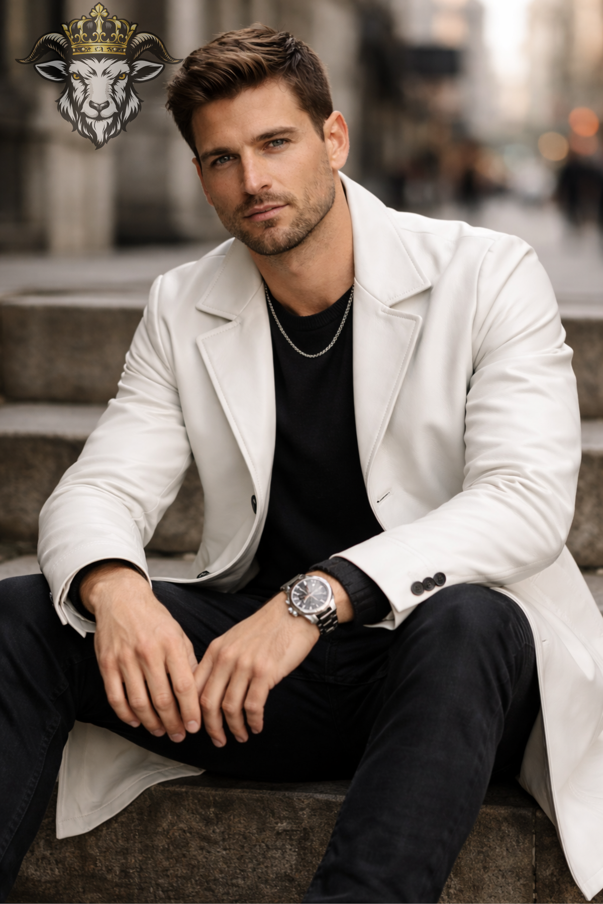 Men's White Tailored Coat, Longline Button Front Jacket, Classic Lapel Collar Overcoat, Minimalist Smart Casual Outerwear