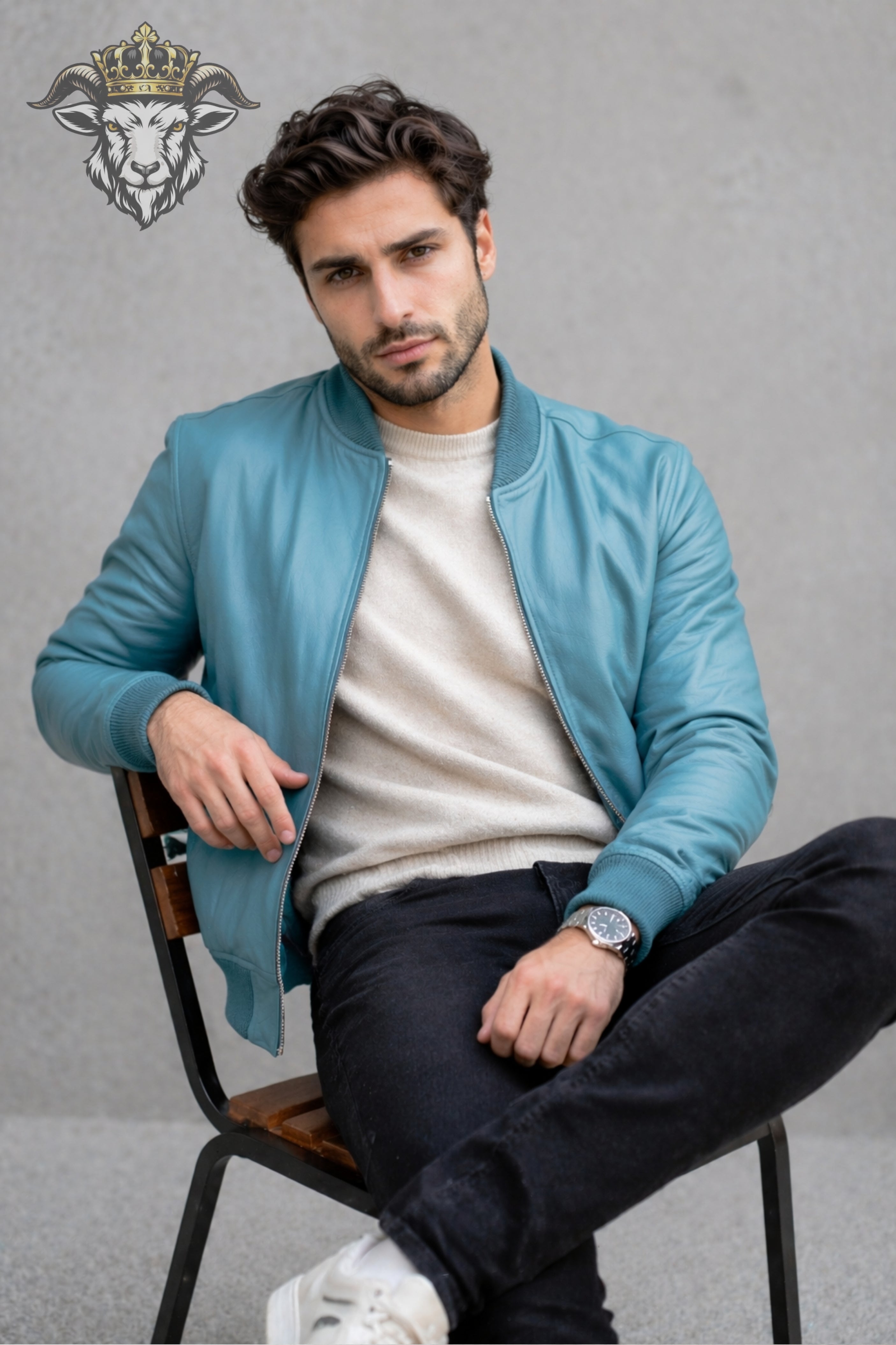 Men’s Cyan Real Leather Bomber Jacket