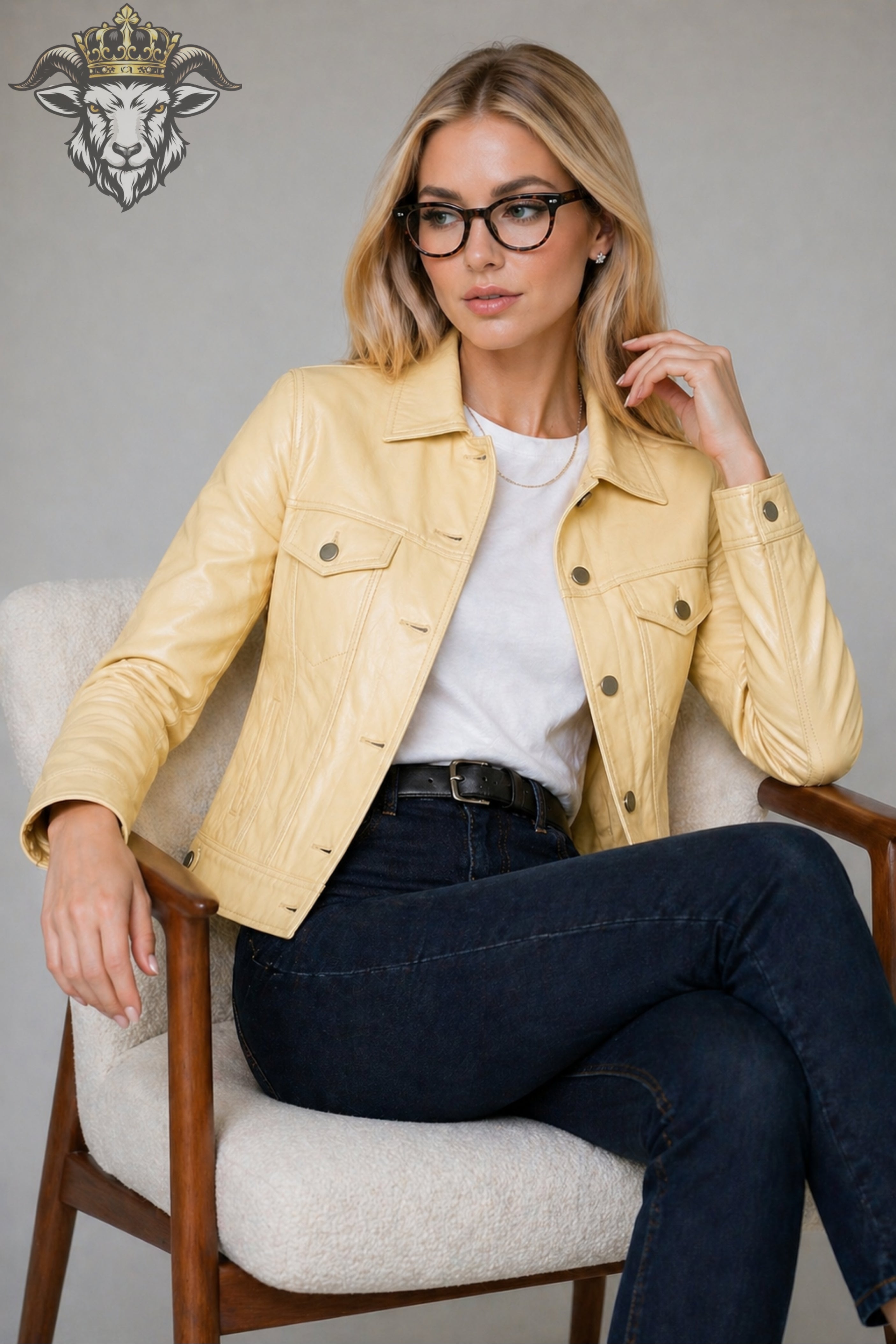 Women’s Pale Yellow Real Leather Trucker Jacket