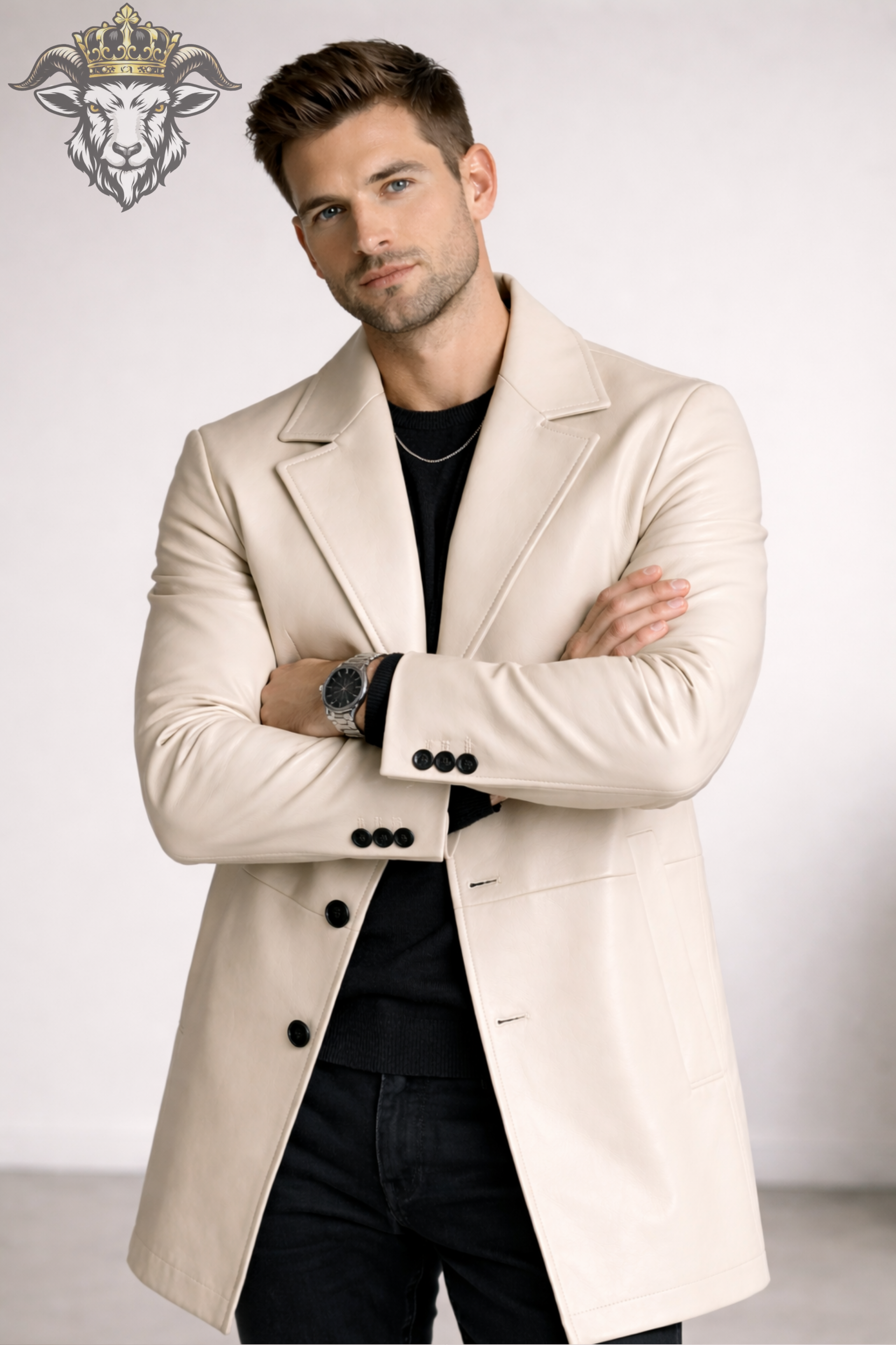 Men’s Cream Real Leather Coat – Mid-Thigh Length Premium Tailored Jacket | Matte Finish, Modern Slim Fit Winter Overcoat