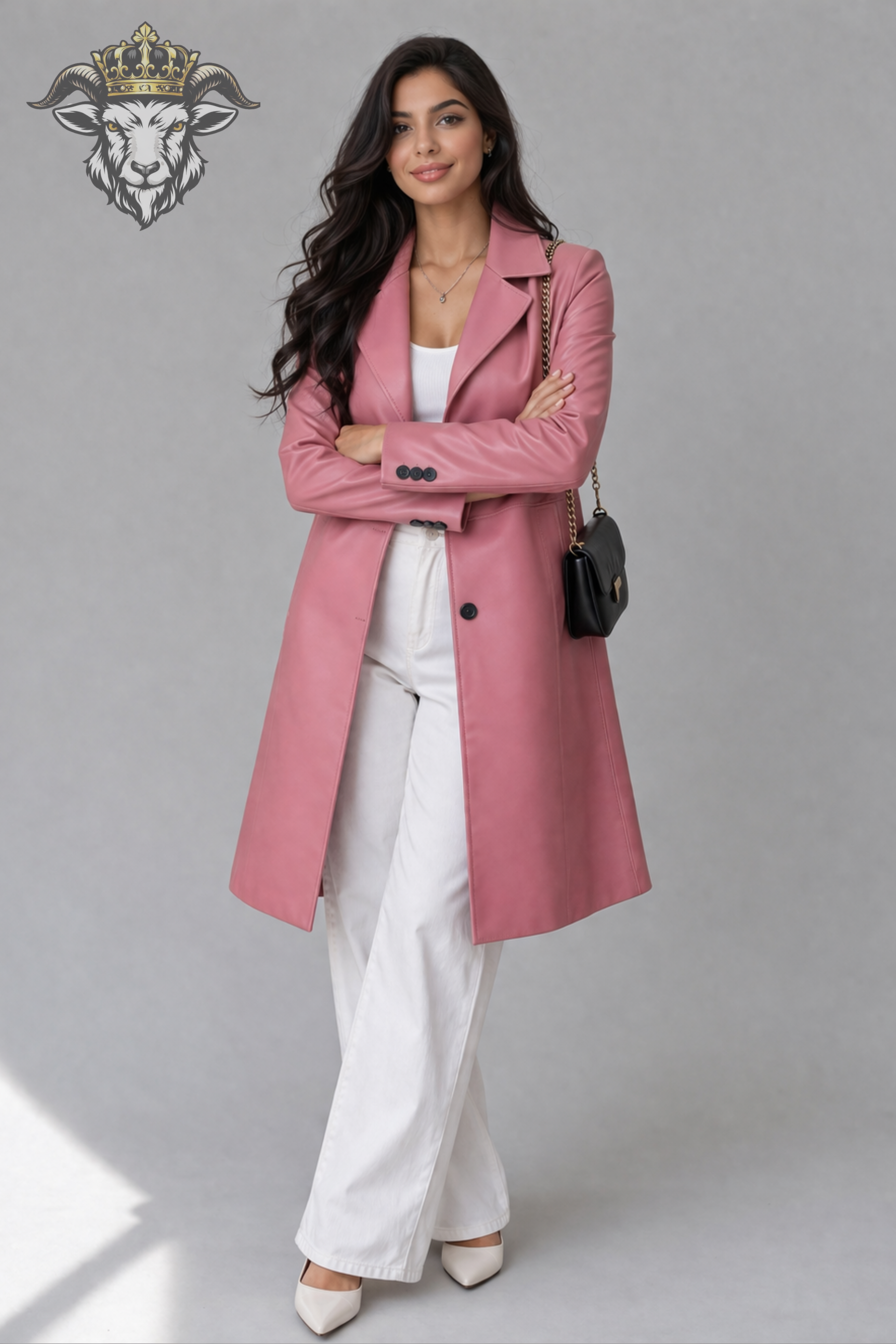 Women’s Pink Real Leather Knee-Length Coat