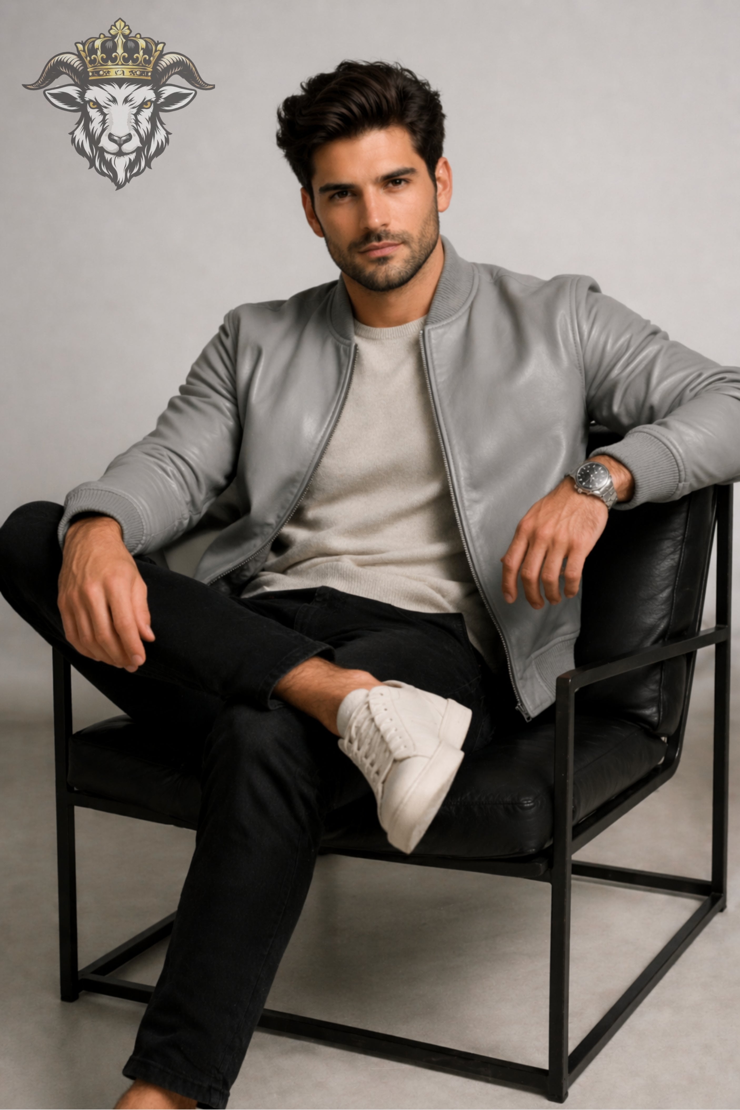 Men’s Light Grey Real Leather Bomber Jacket