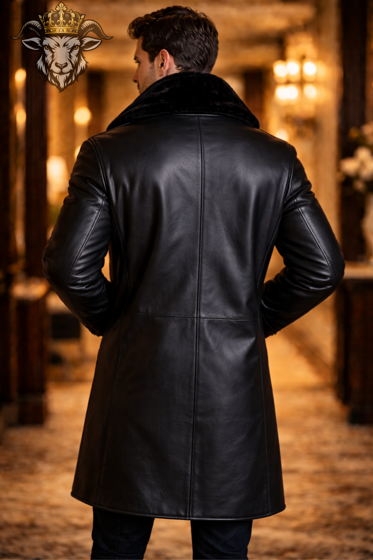 Men's Black Leather Long Coat, Genuine Leather Winter Overcoat, Black Fur Collar Trench Coat, Luxury Button Front Jacket for Men