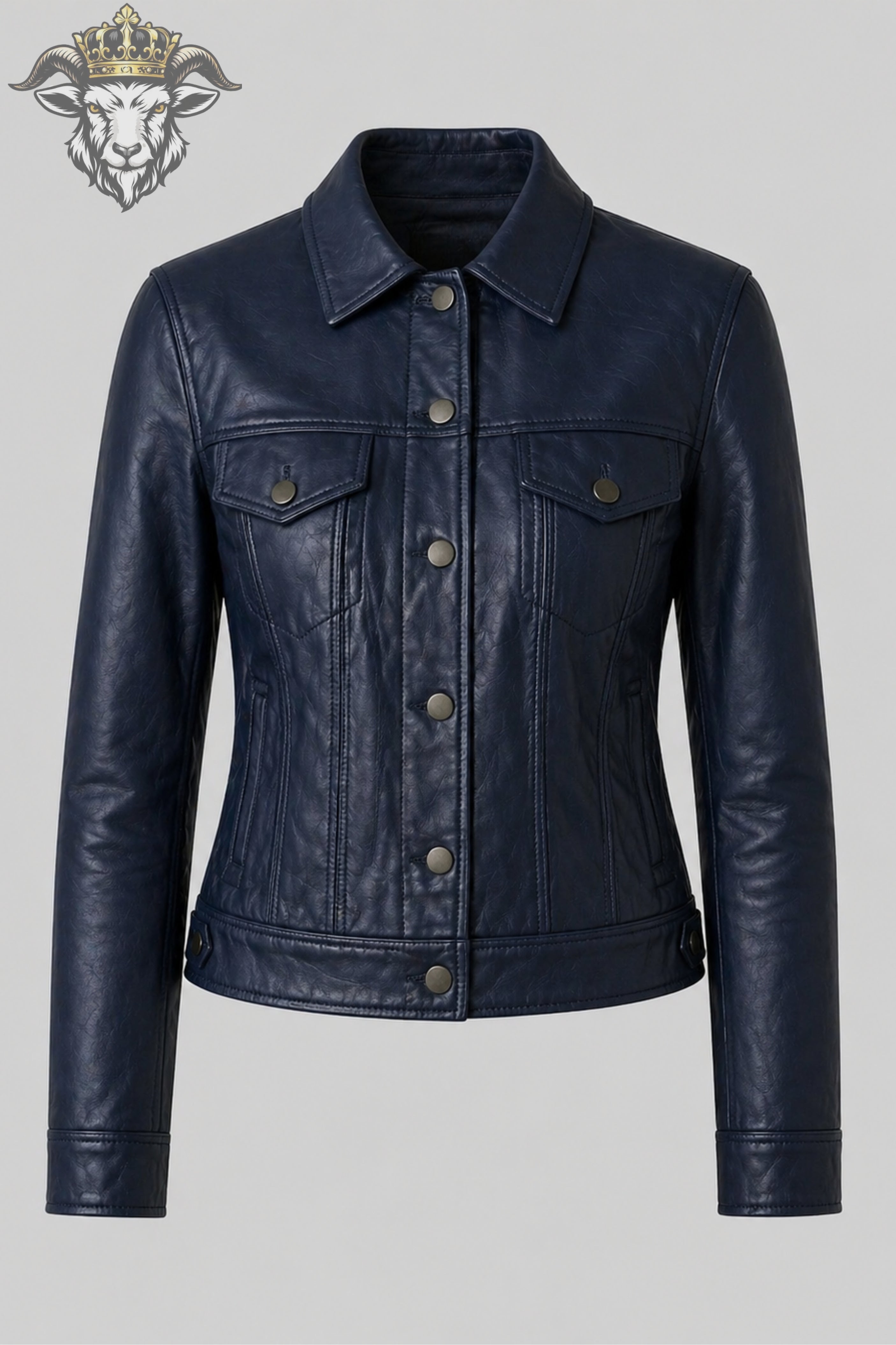 Women’s Navy Blue Real Leather Trucker Jacket