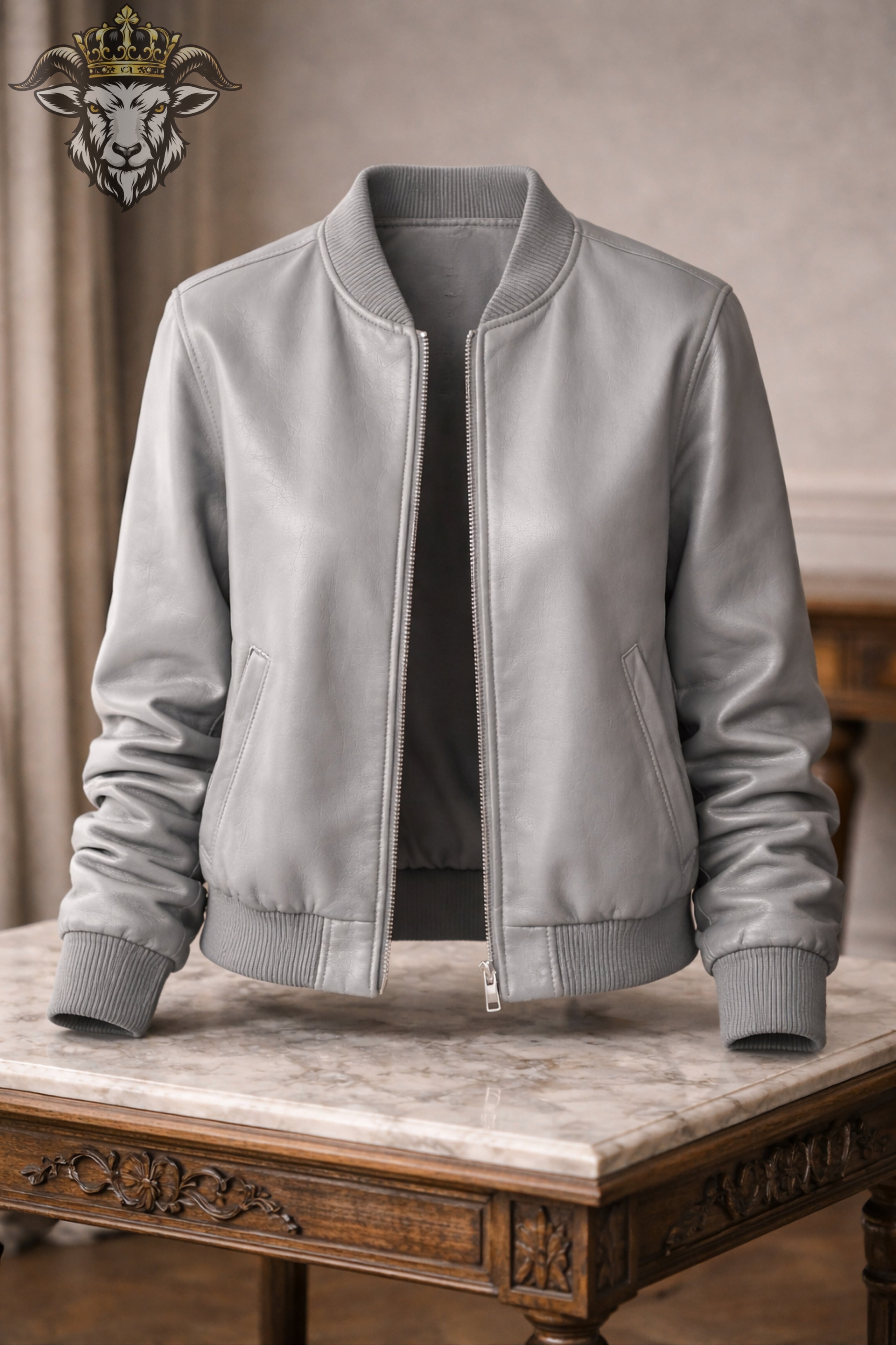 Women’s Light Grey Real Leather Bomber Jacket