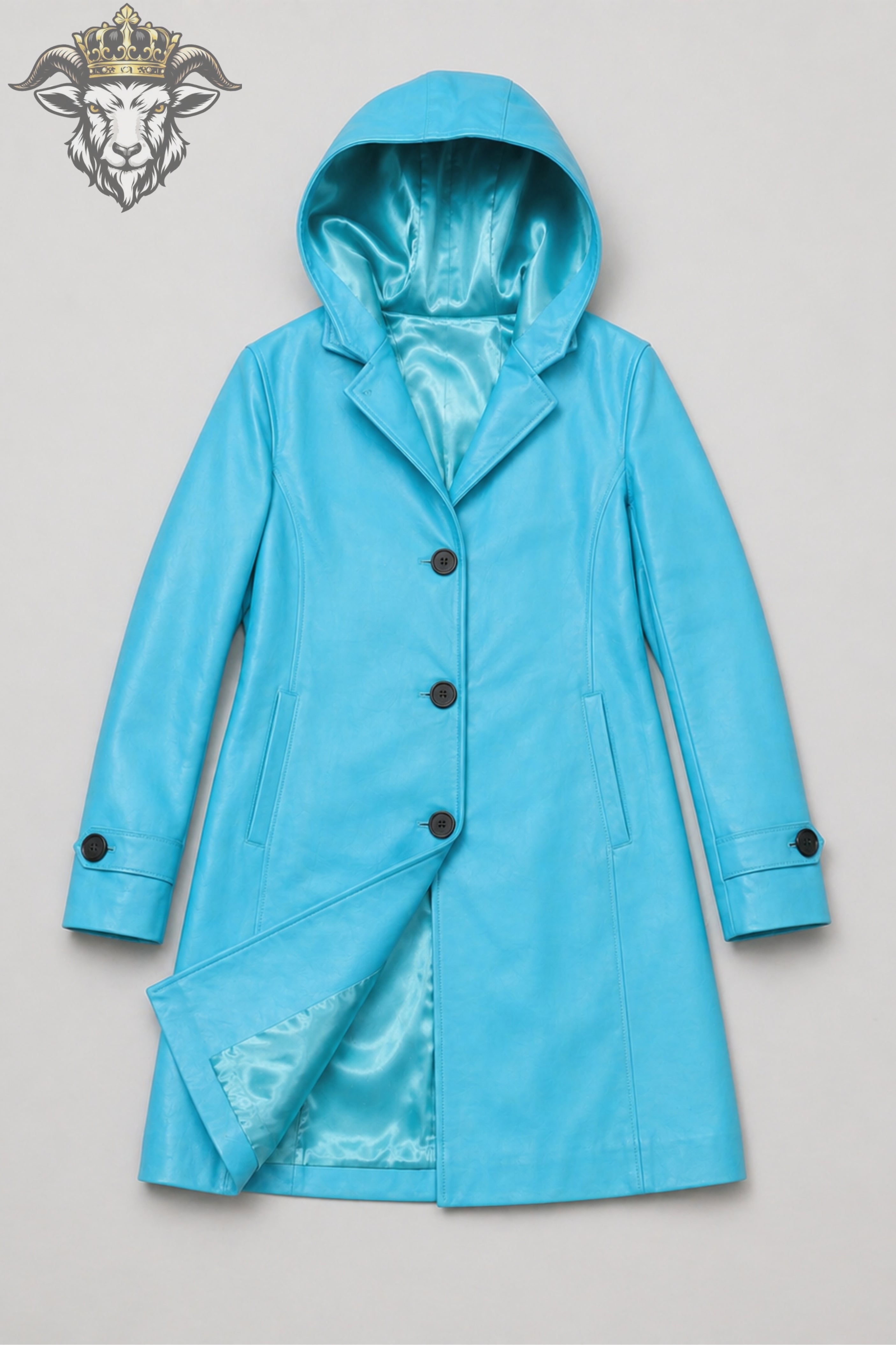 Women’s Cyan Real Leather Hooded Coat