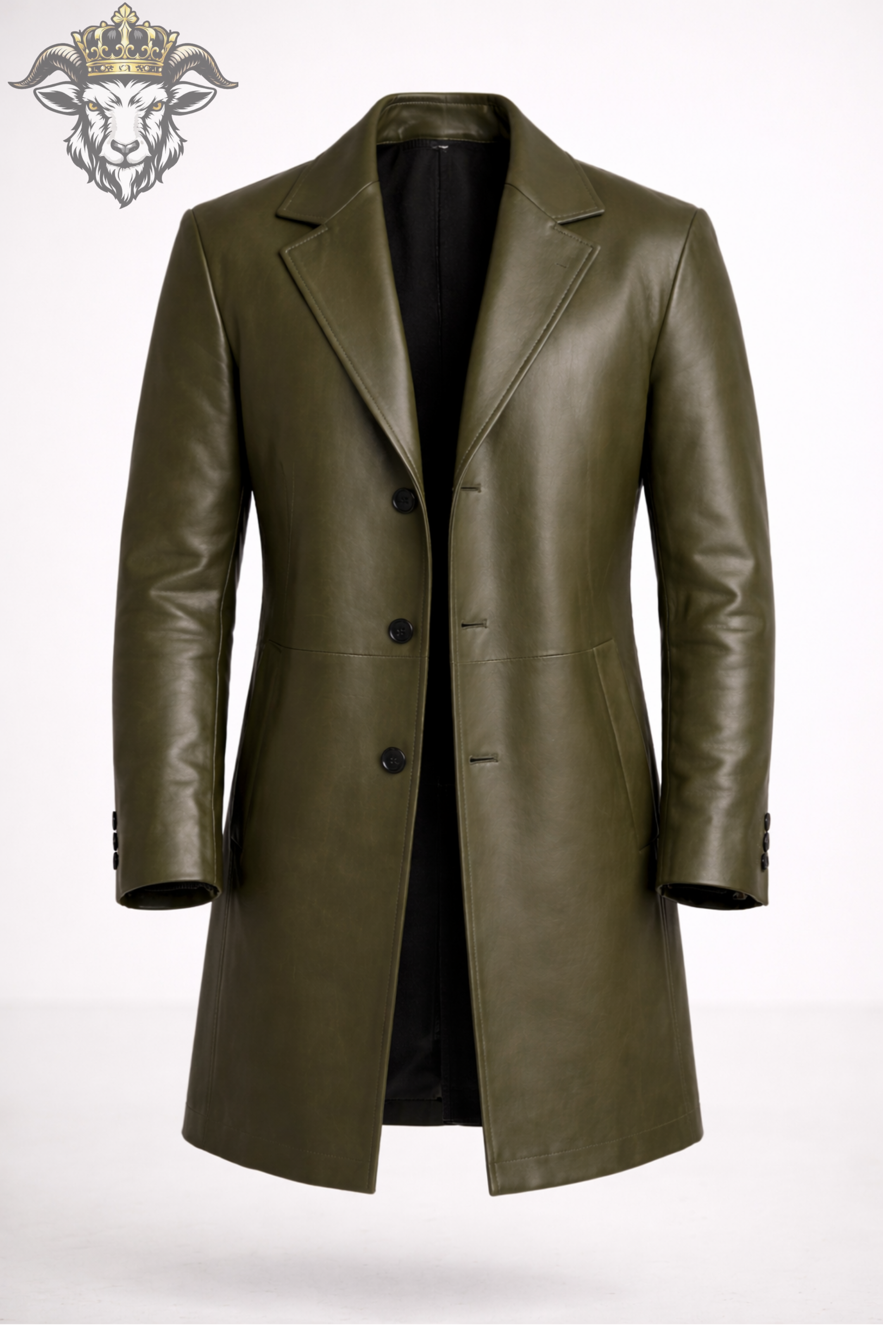Men’s Olive Green Real Leather Coat – Mid-Thigh Premium Leather Overcoat | Slim Fit Classic Lapel Winter Jacket for Men
