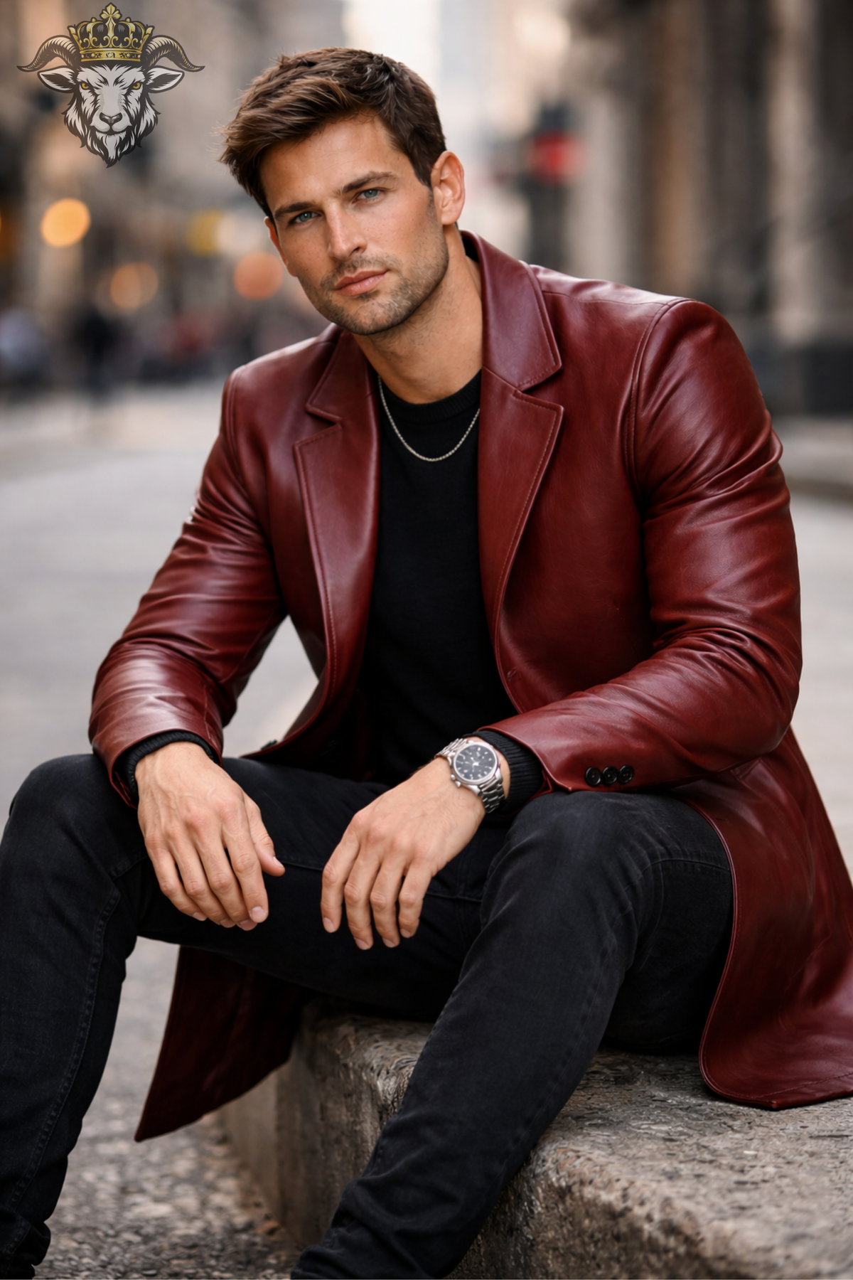 Men's Burgundy Real Leather Coat, Slim Fit Mid-Thigh Overcoat, 3 Button Lapel Jacket, Classic Winter Leather Outerwear