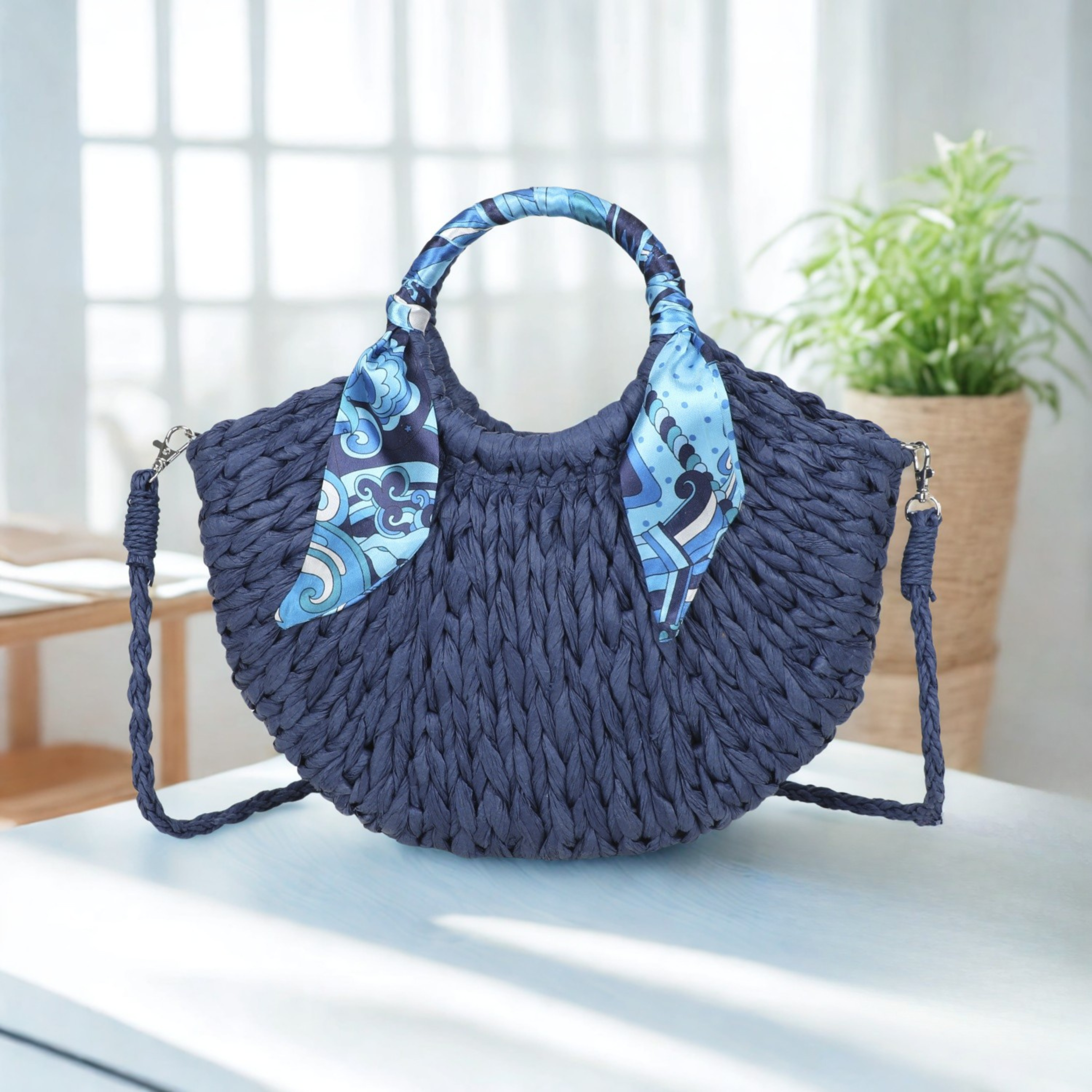 Women’s Synthetic Handbag with Detachable Strap & Scarf – Zip Top Closure Multiway Crossbody Shoulder Bag