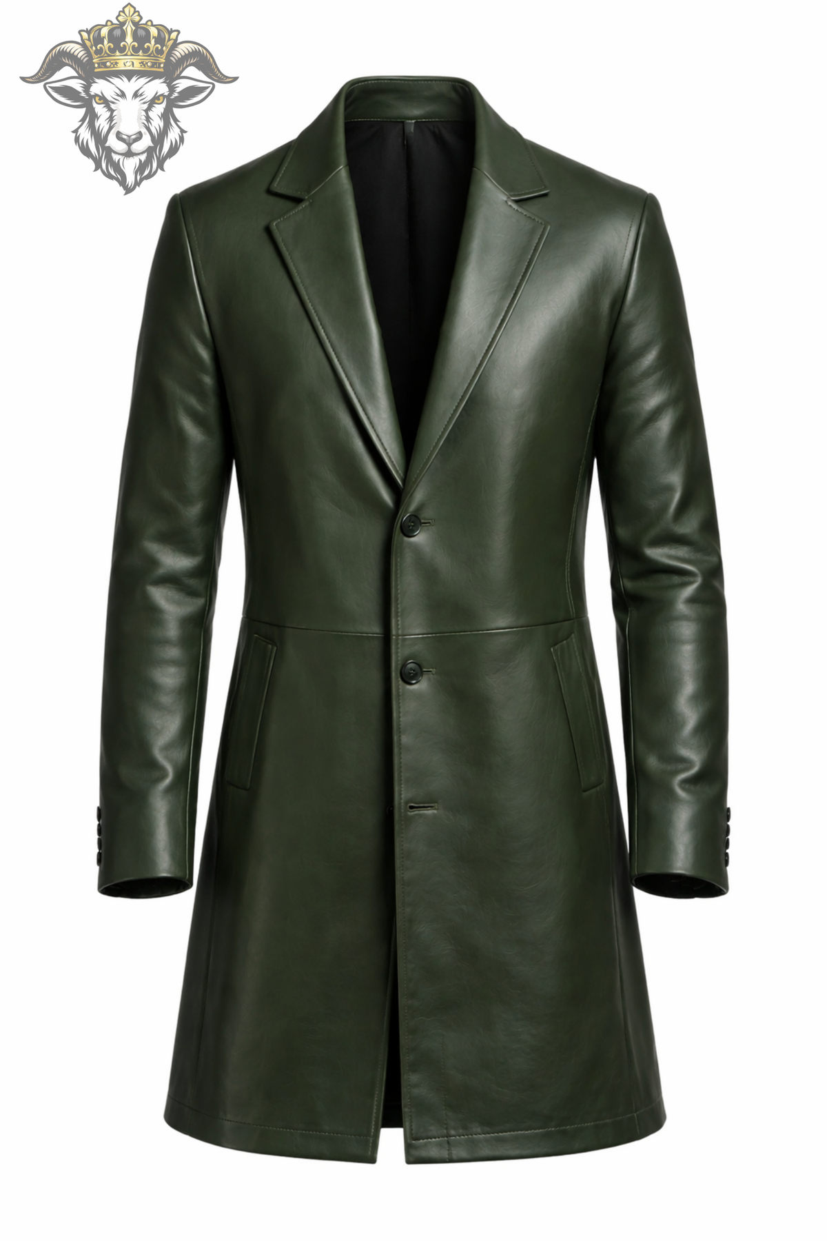 Men's Deep Green Leather Coat, Slim Fit Mid-Thigh Overcoat, Tailored Lapel Jacket, Classic Button Front Winter Outerwear