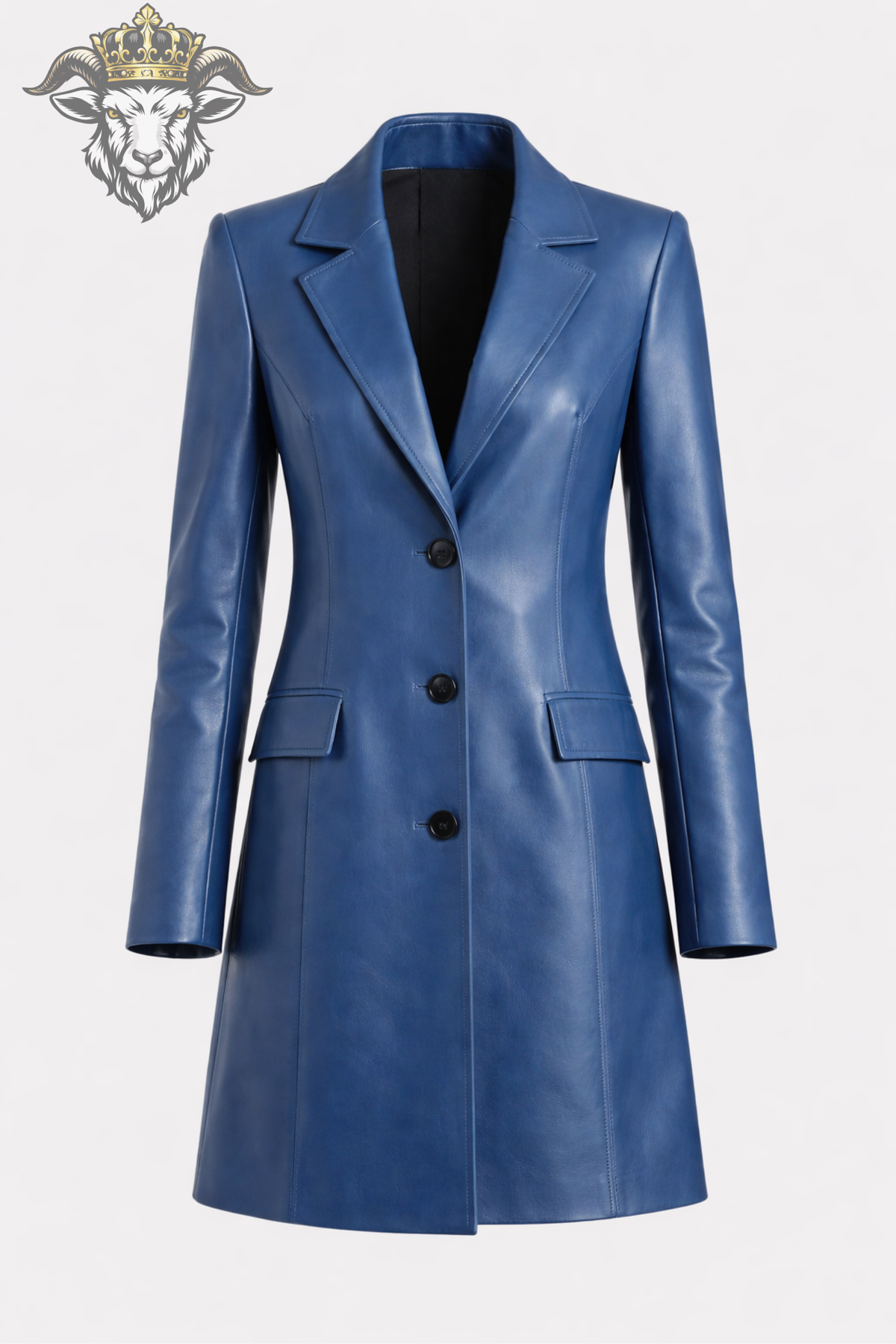 Women's Blue Leather Trench Coat, Tailored Button Front Long Coat, Elegant Lapel Outerwear, Modern Women's Fashion
