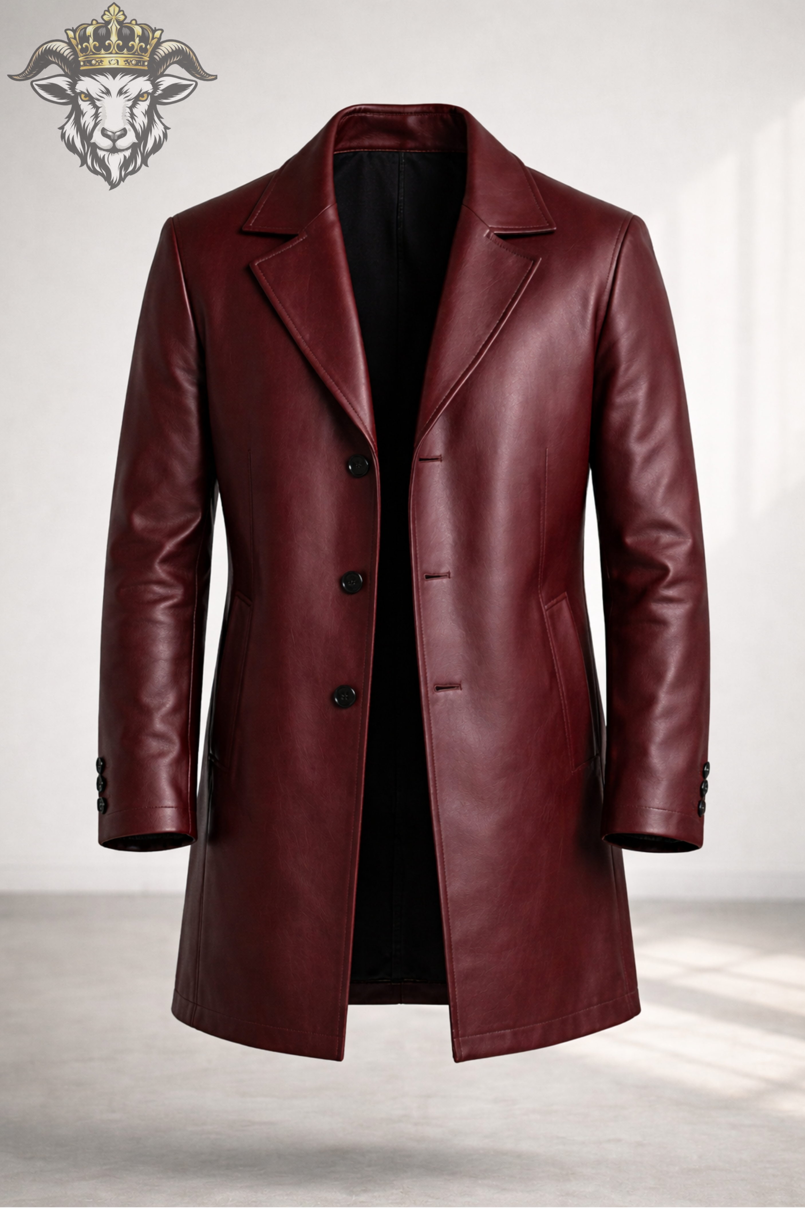 Men’s Burgundy Real Leather Coat – Mid-Thigh Length Premium Tailored Overcoat with Wide Lapels & Button Closure