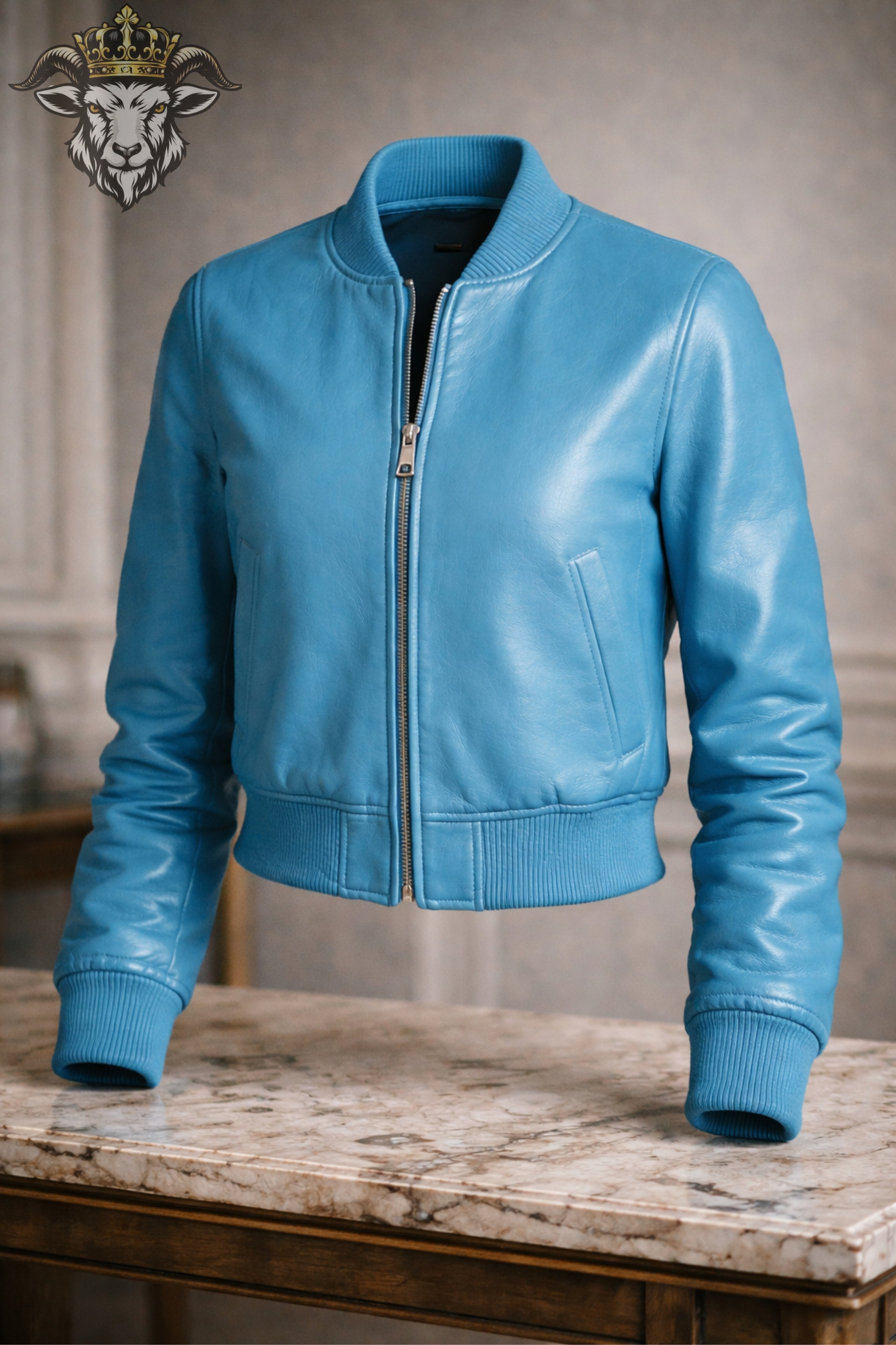 Women’s Cyan Real Leather Bomber Jacket