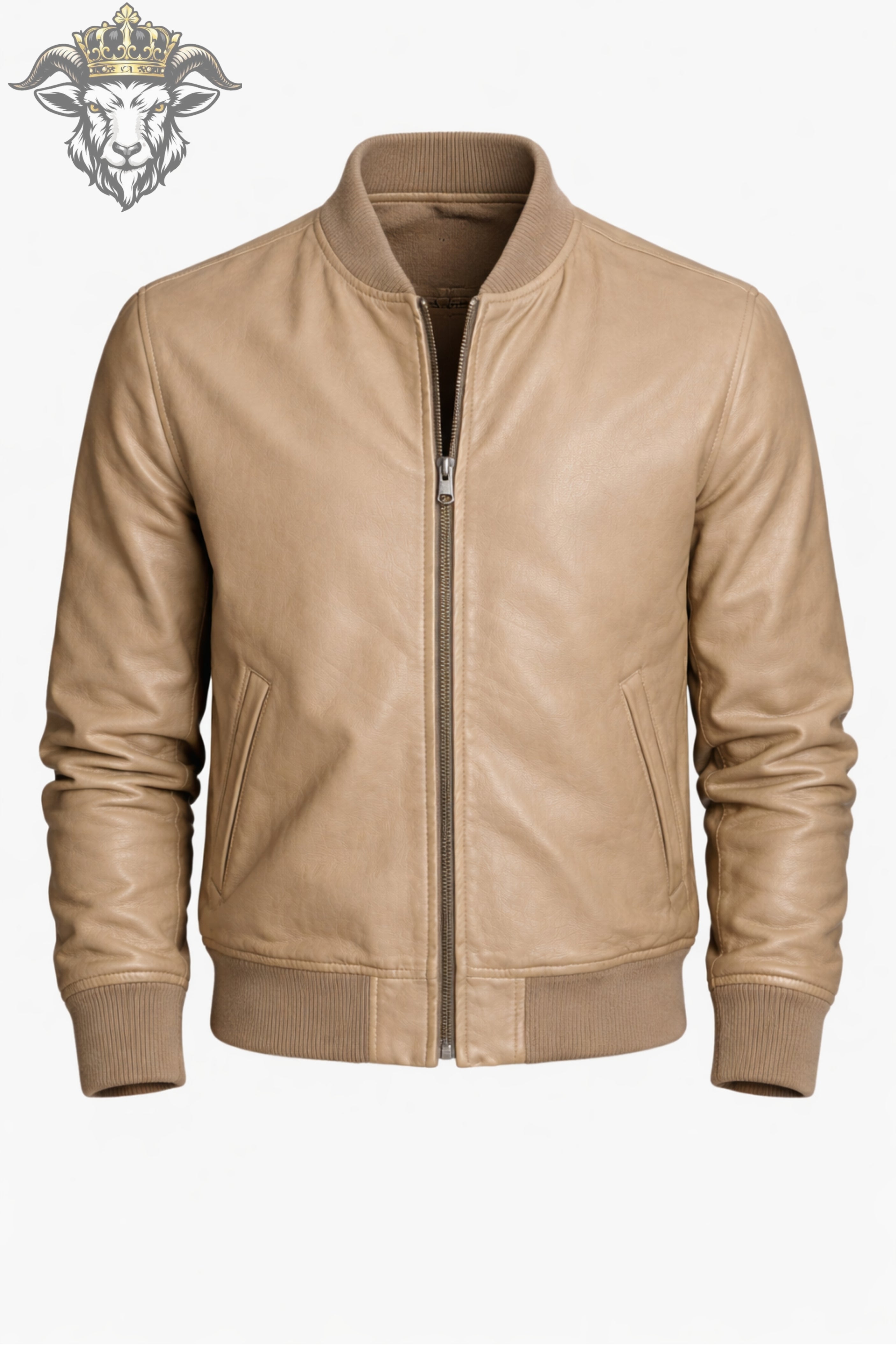 Men’s Beige Real Leather Bomber Jacket