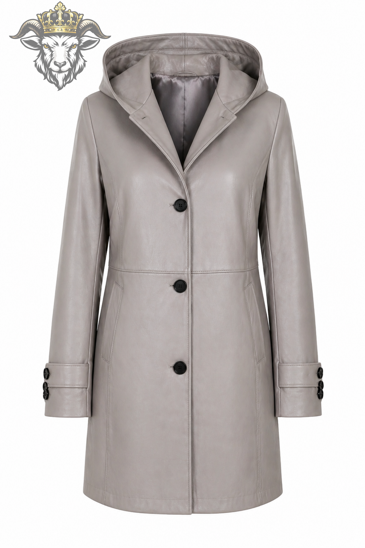 Women's Light Gray Leather Hooded Coat – Matte Finish Long Trench Jacket with Tailored Fit